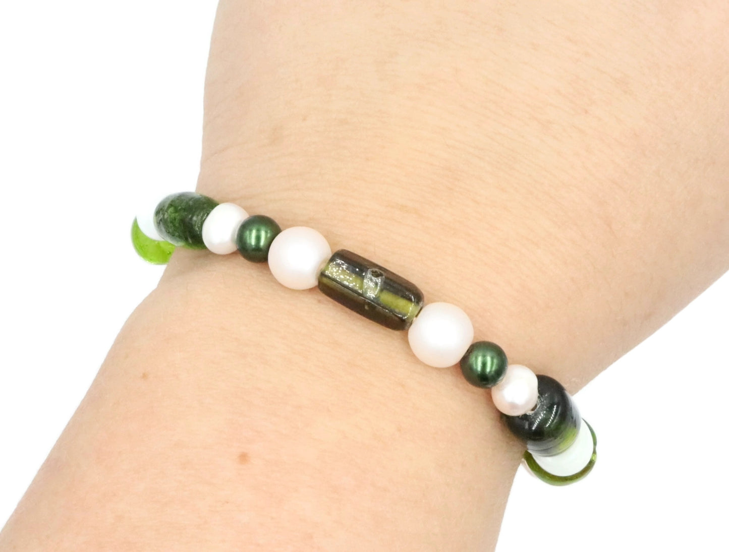 Green and White Bold and Large Sorted Artisan Glass Beads of Bracelet by Monkeys Mojo