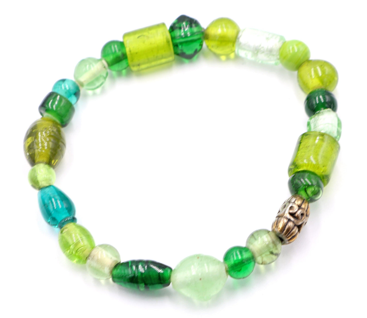 An Artisan Assorted Green Glass Gorgeous Beaded Bronze Bracelet - Monkeysmojo