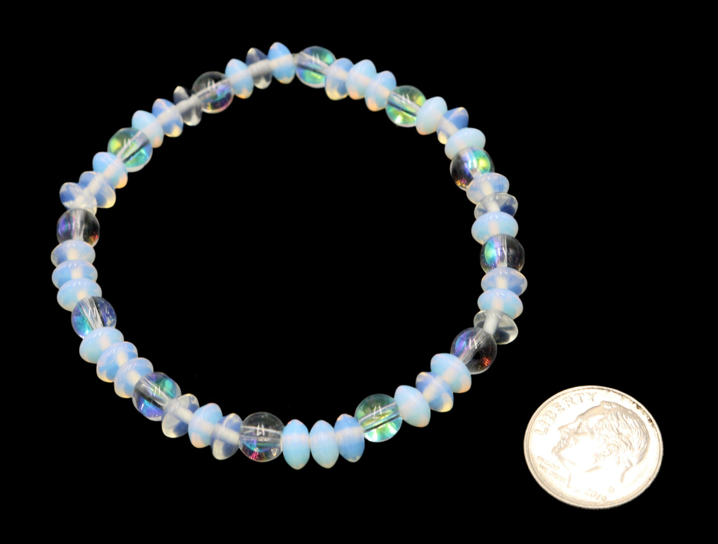 White Opal Rondelle and Iridescent Jasper Women's Natural Energy Stretch Bracelet - Monkeysmojo