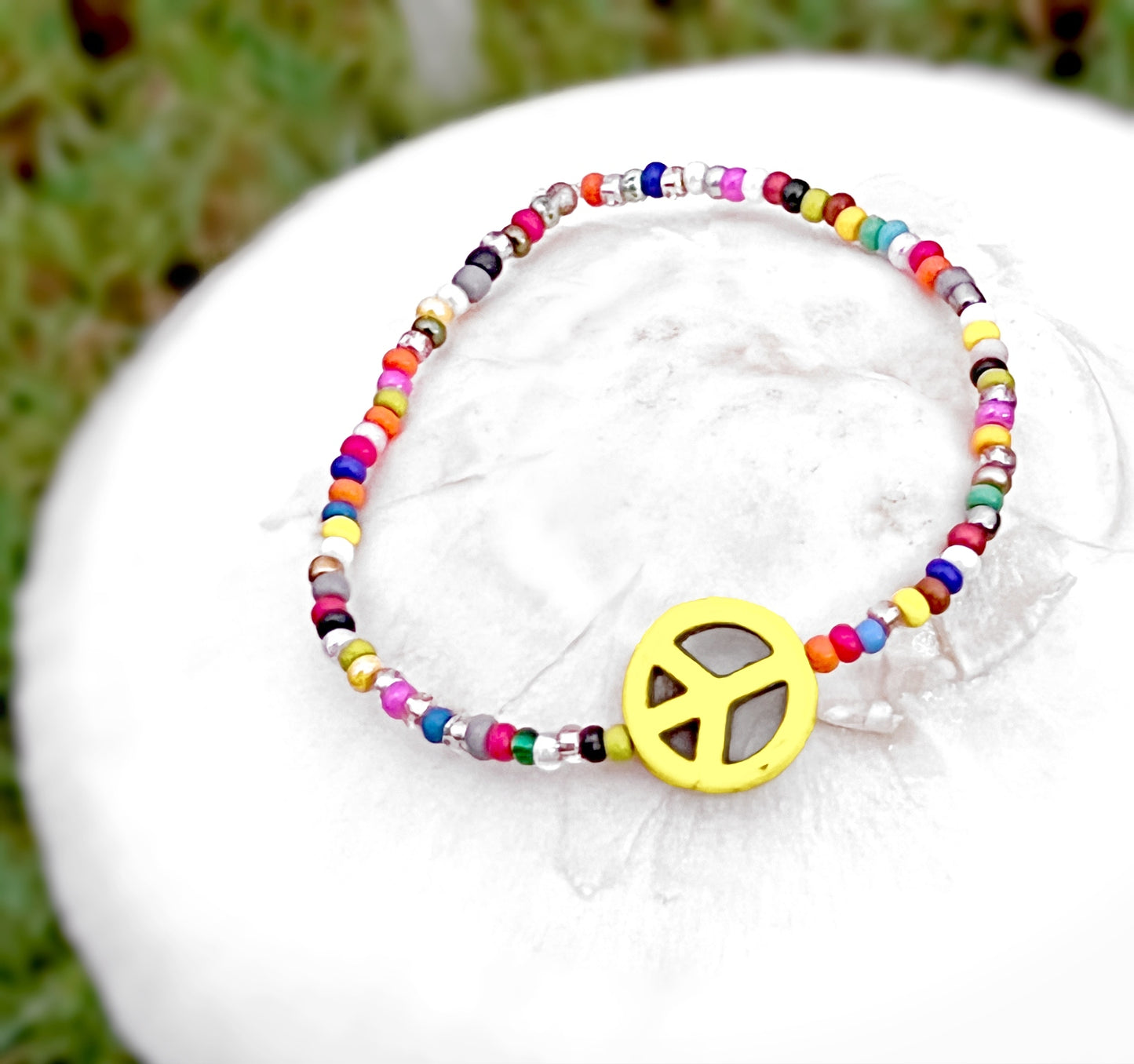 Holler For Howlite Yellow Joy and Peace Be to You Assorted Seed Bead Glass Bracelet by Monkey's Mojo