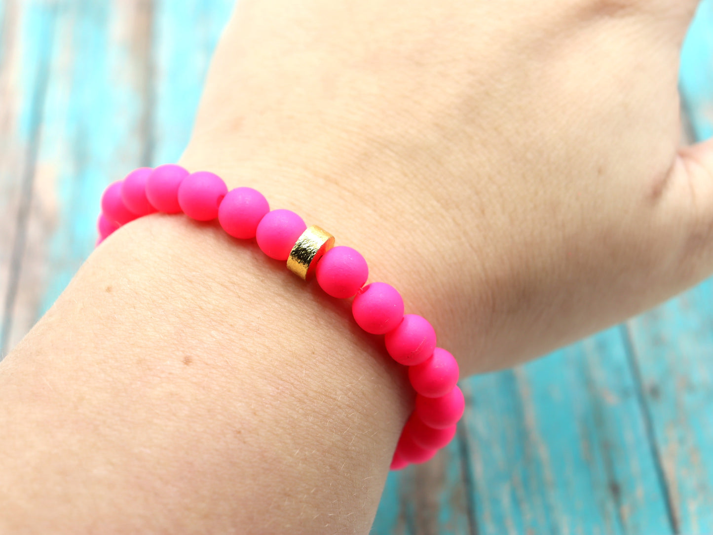 Hot Pink and Golden Sass Women's Yellow Gold and Hot Pink Beaded Stretch Bracelet by Monkey's Mojo