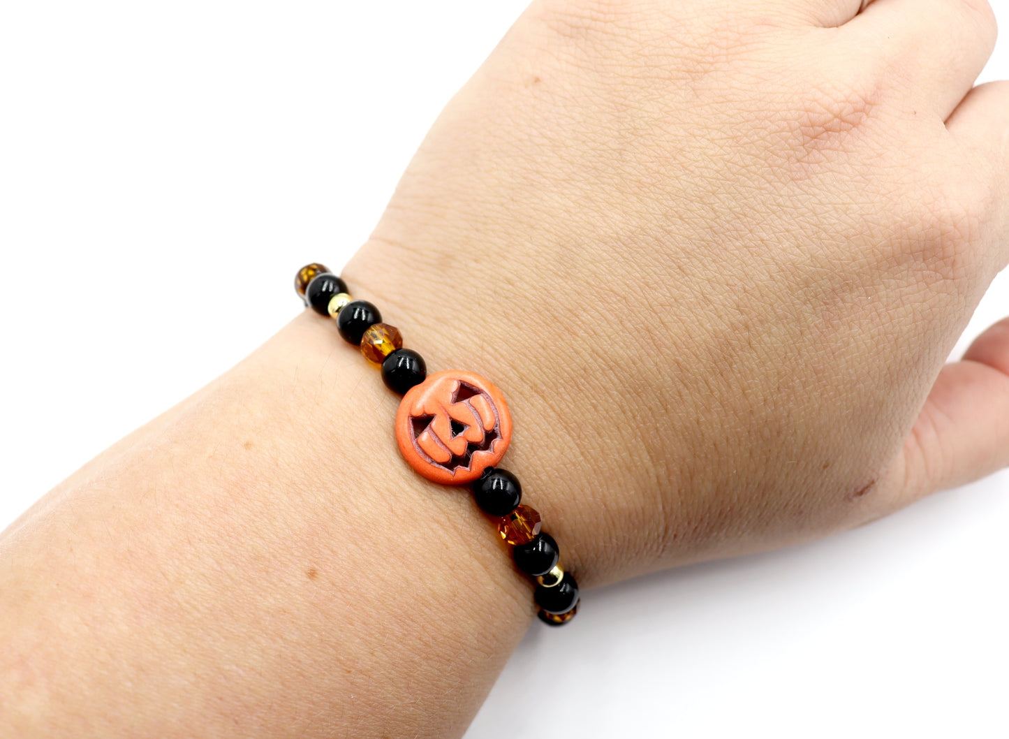 Pumpkin King Black and Gold Scream Halloween Themed Glass Bead Stretch Bracelet by Monkey's Mojo