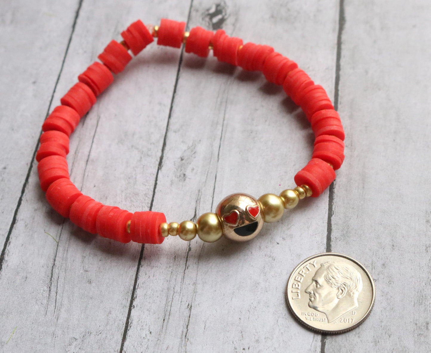 Love and Kisses XOXO 18K Gold Filled Heart Eye Emoji and Red Polymer Clay Bracelet - Monkeysmojo