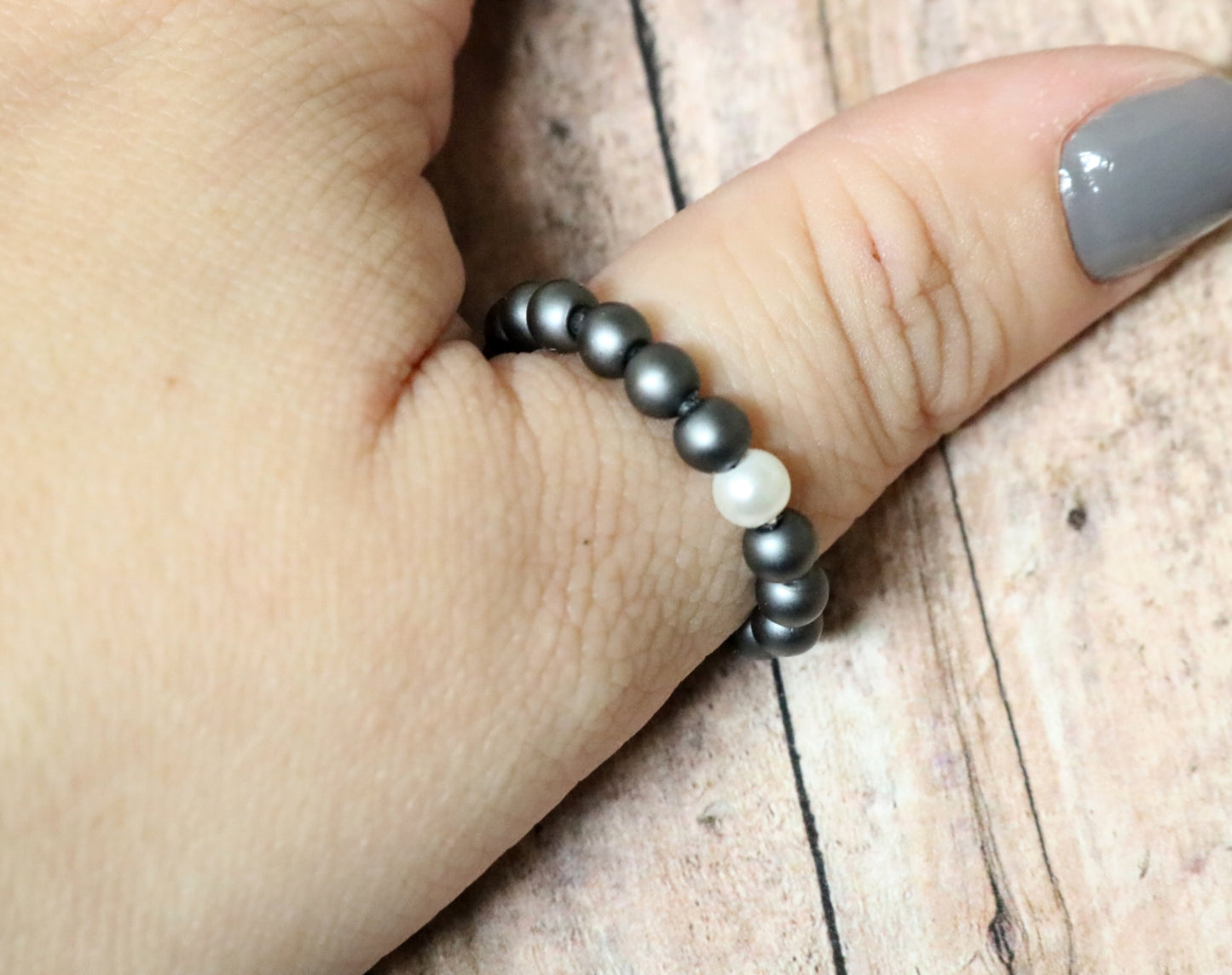 Pearling on the Ritz - White Glass Pearl and Gun Metal Grey Round Beaded Ring by Monkey's Mojo