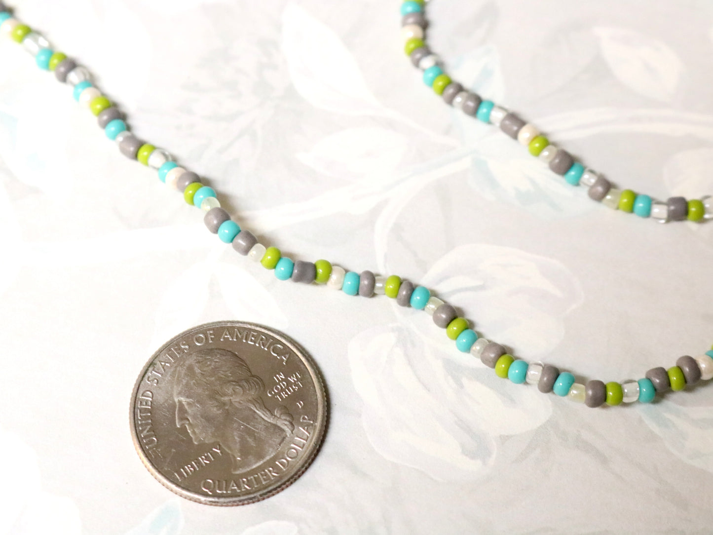 Early 2000s Suburbia Turquoise, Gray, Lime Green, and White 28" Artisan Glass Bead Necklace by Monkey's Mojo