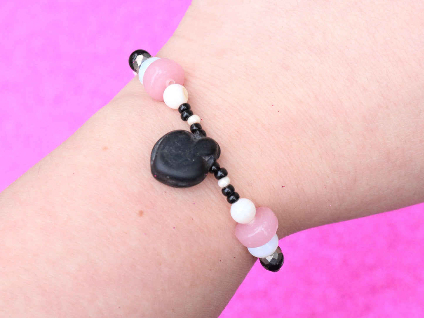 Stone Heart Black and Pink Art White Women's Stretch Bracelet - Monkeysmojo