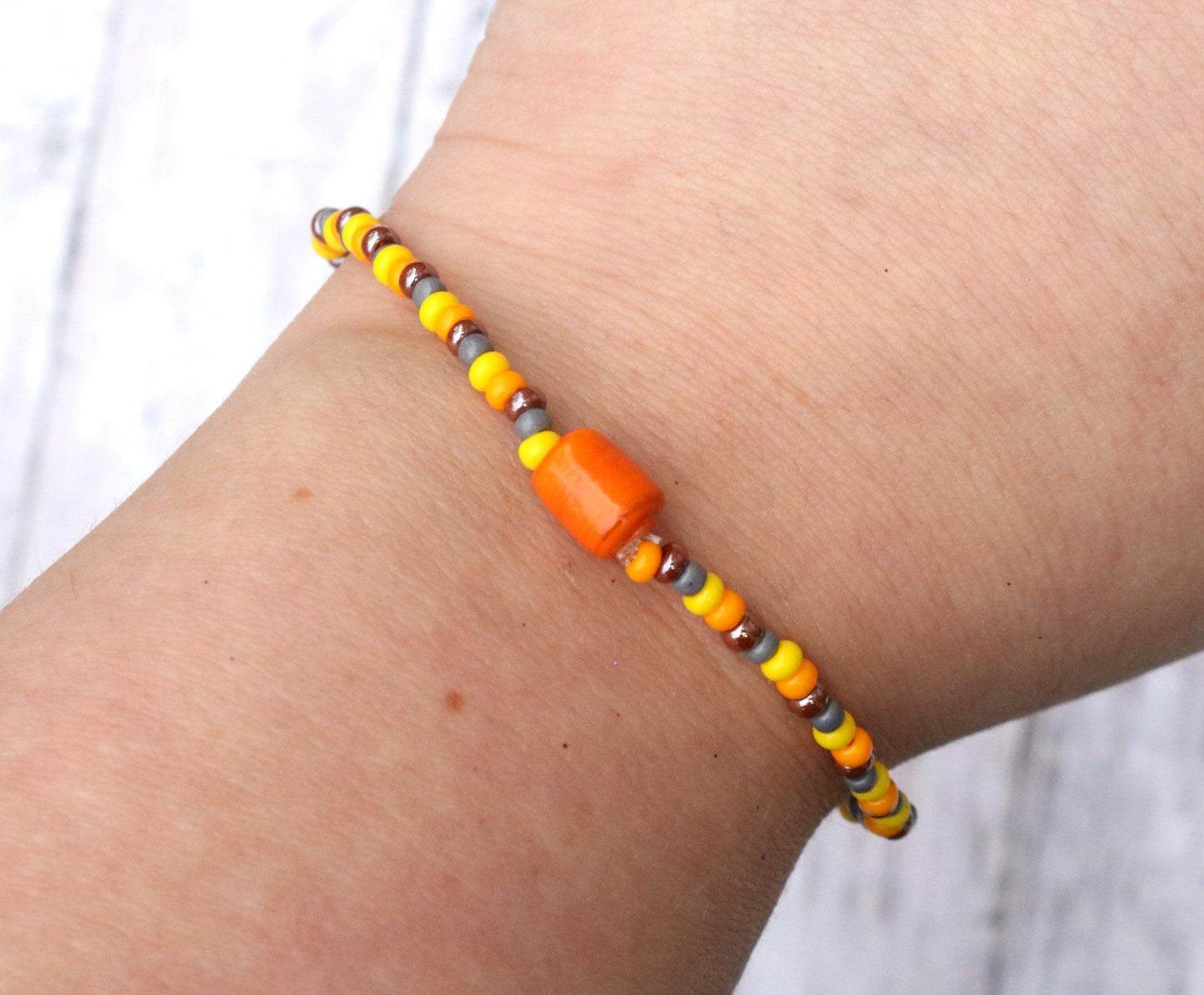 A Deconstructed Sunflower Summer Vibes Yellow Orange and Brown Glass Bracelet - Monkeysmojo