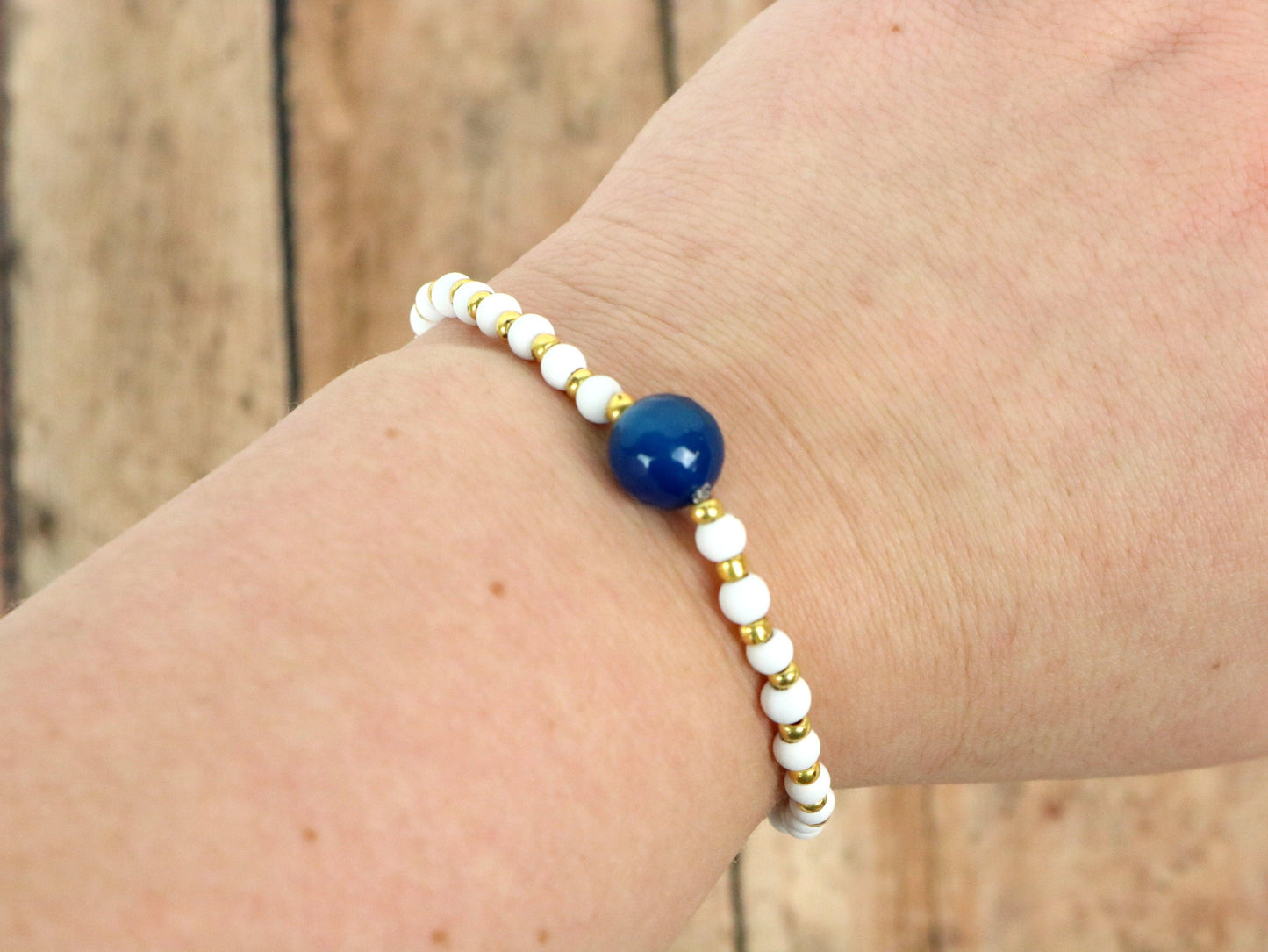 Dark Blue, Matte Rubber Hematite White Beads, and Yellow Gold Women's Glass Bracelet - Monkeysmojo