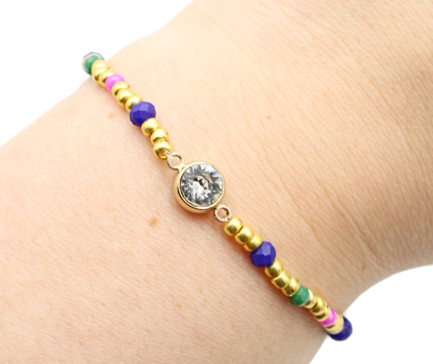 Luxury Yellow Gold Tone, Dark Blue, Hot Pink, and Green CZ Charm Glass Bead Women's Bracelet - Monkeysmojo