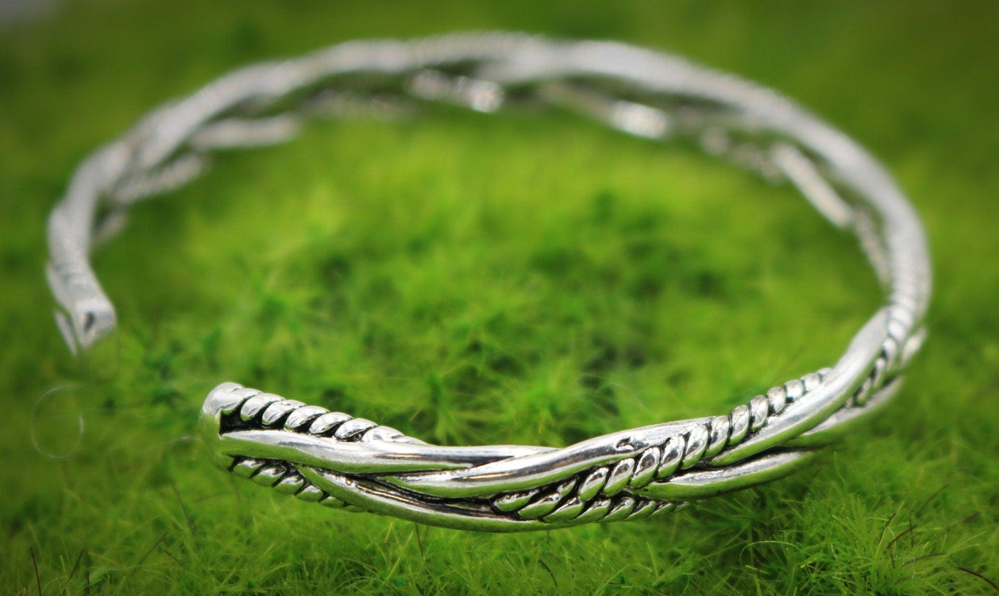 Men's Sterling Silver Toned Woven Style Bracelet Cuff - Great Gift for Men - Stunning Quality Themed Viking Norse Antiqued Style - Monkeysmojo