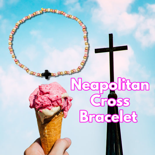 Neapolitan Cross Pearlescent White, Pink, and Matte Gold Glass Beads Bracelet by Monkey's Mojo