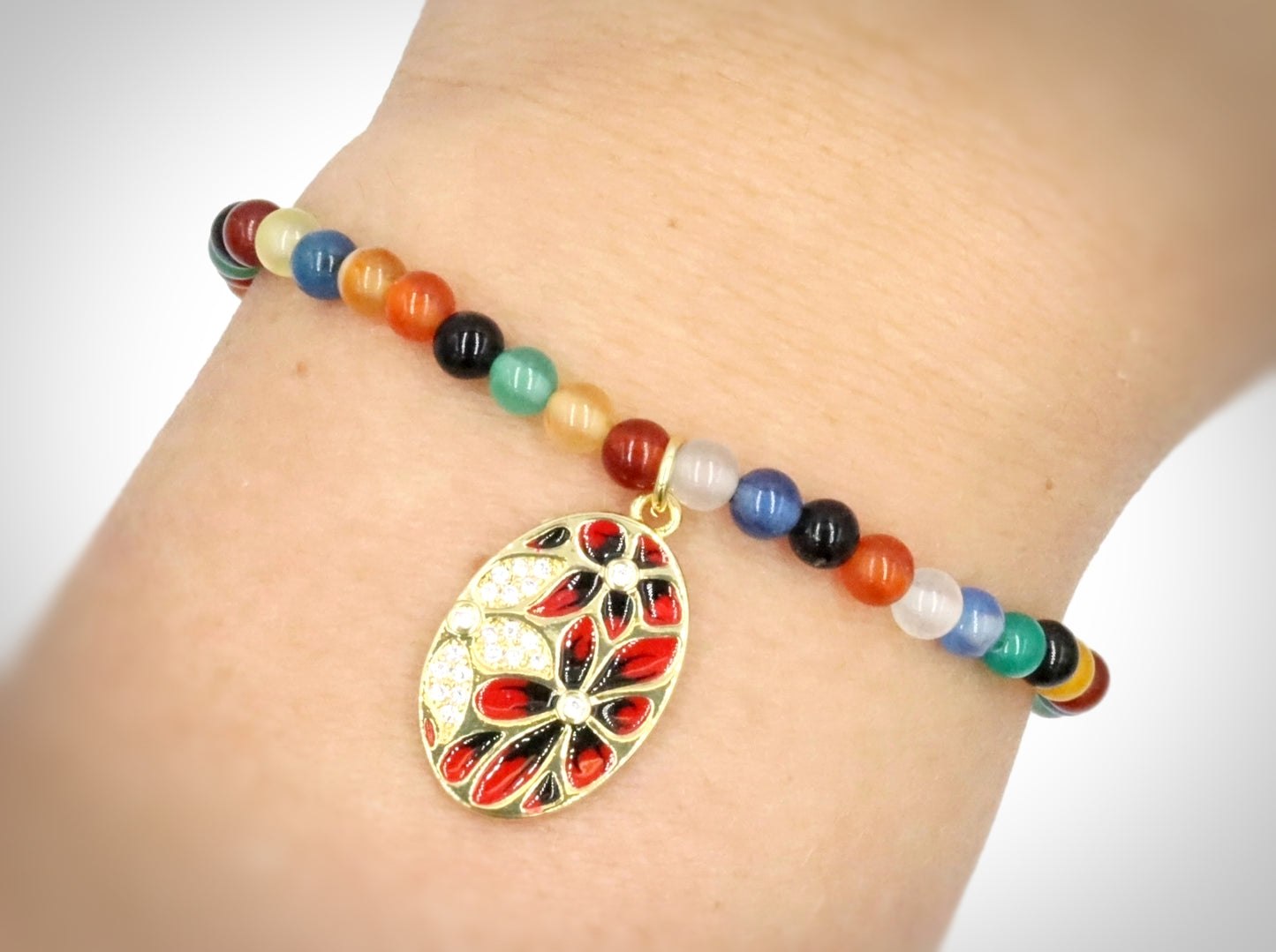 Primary and Bold Cubic Zirconia Yellow Gold Tone Charm Colorful Glass Bracelet by Monkey's Mojo