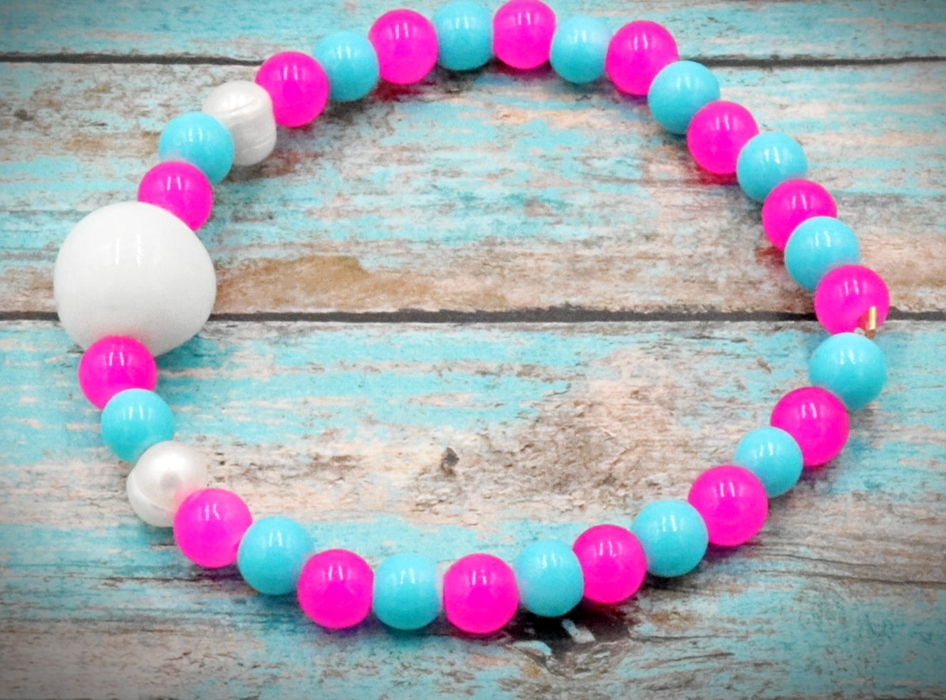 Hot Pink & Turquoise Blue Artisan Glass Beads & Cultured Pearl Bracelet by Monkeys Mojo