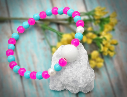Hot Pink & Turquoise Blue Artisan Glass Beads & Cultured Pearl Bracelet by Monkeys Mojo