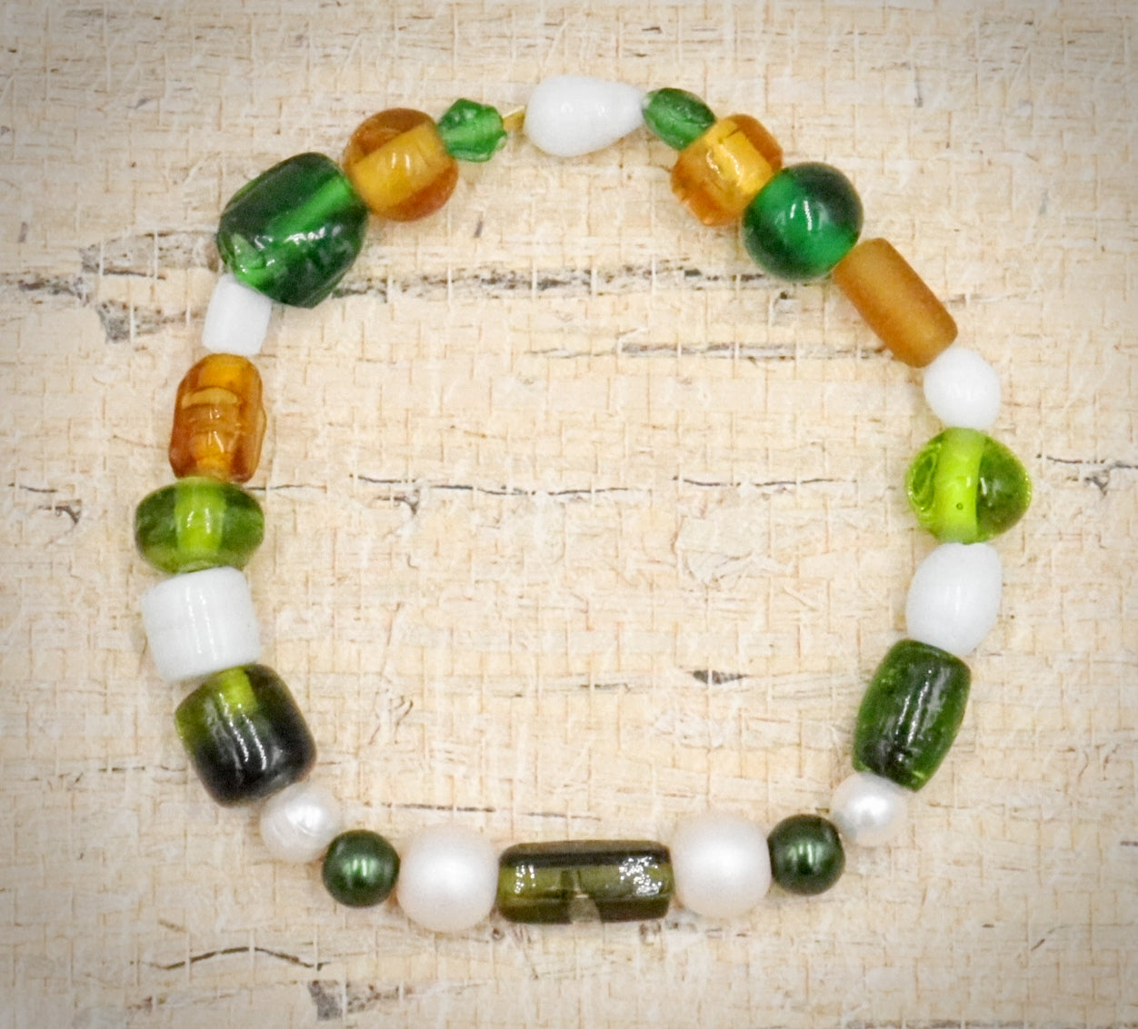 Green and White Bold and Large Sorted Artisan Glass Beads of Bracelet by Monkeys Mojo