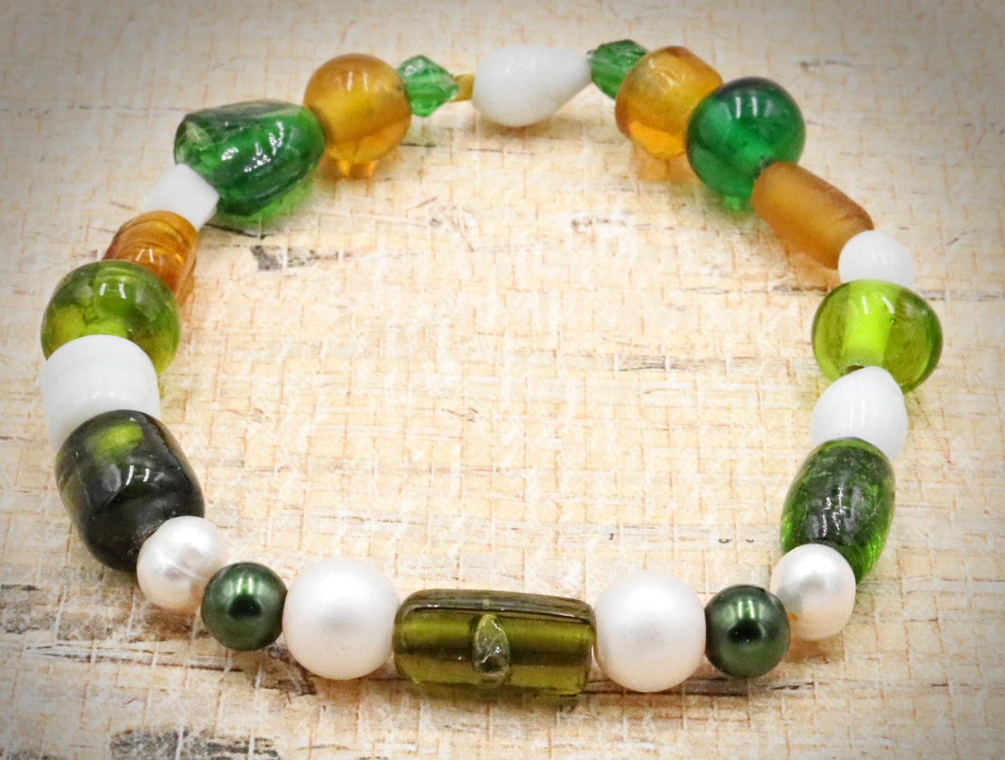 Green and White Bold and Large Sorted Artisan Glass Beads of Bracelet by Monkeys Mojo
