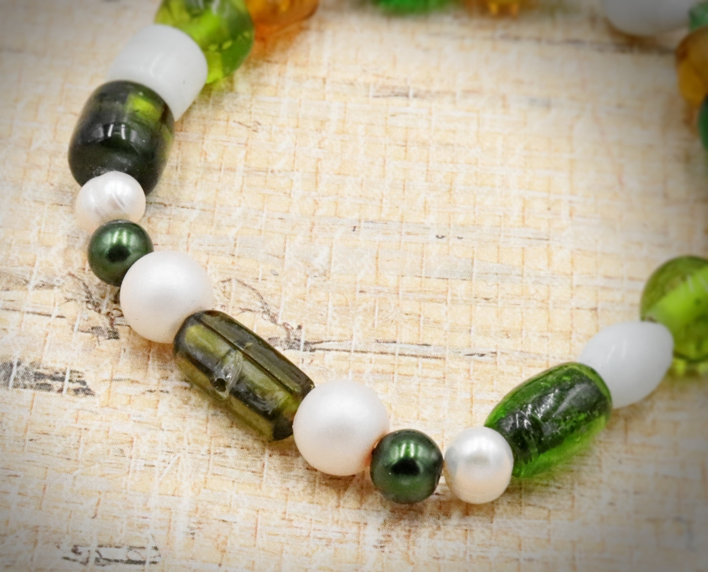 Green and White Bold and Large Sorted Artisan Glass Beads of Bracelet by Monkeys Mojo