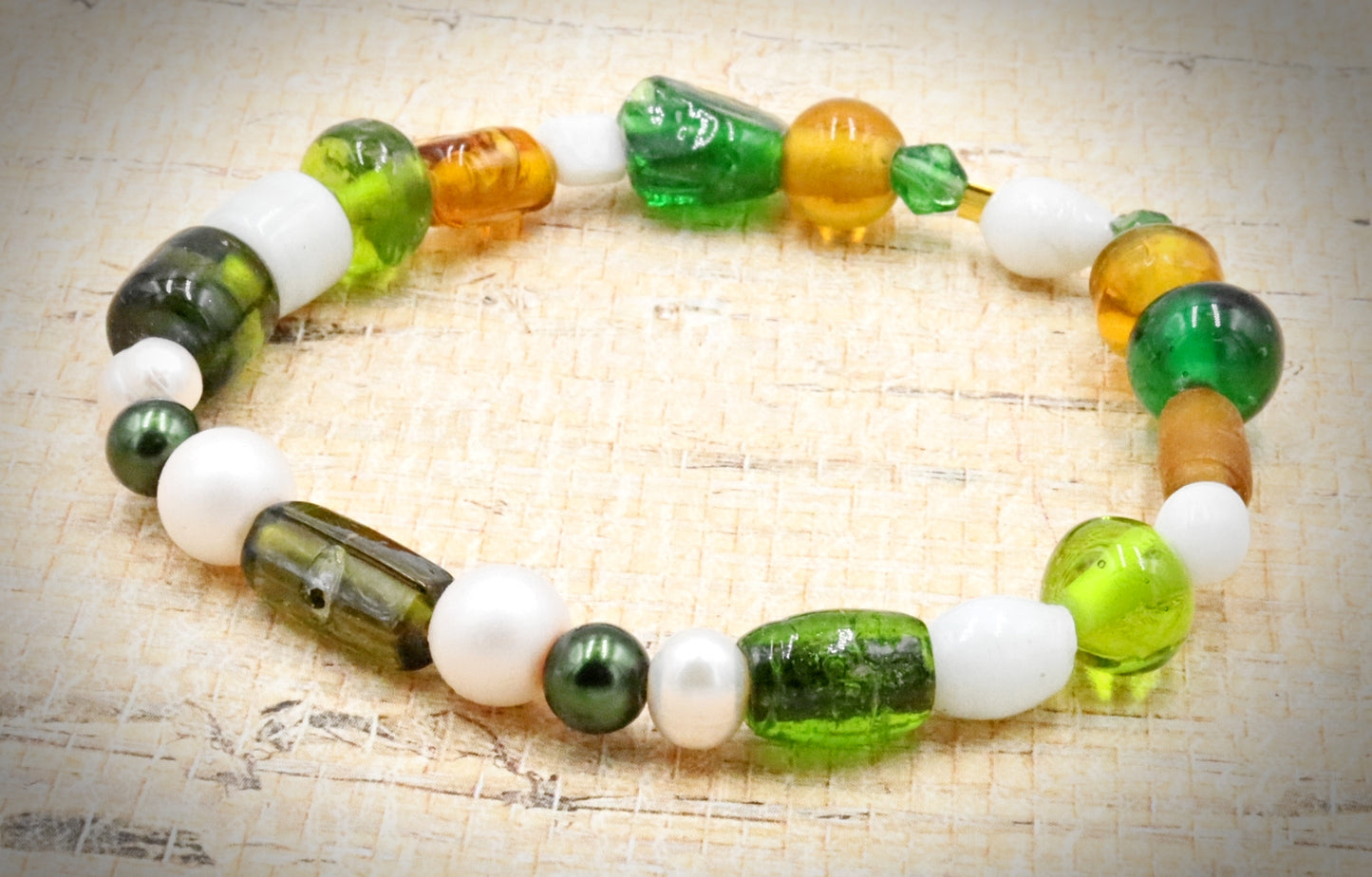Green and White Bold and Large Sorted Artisan Glass Beads of Bracelet by Monkeys Mojo