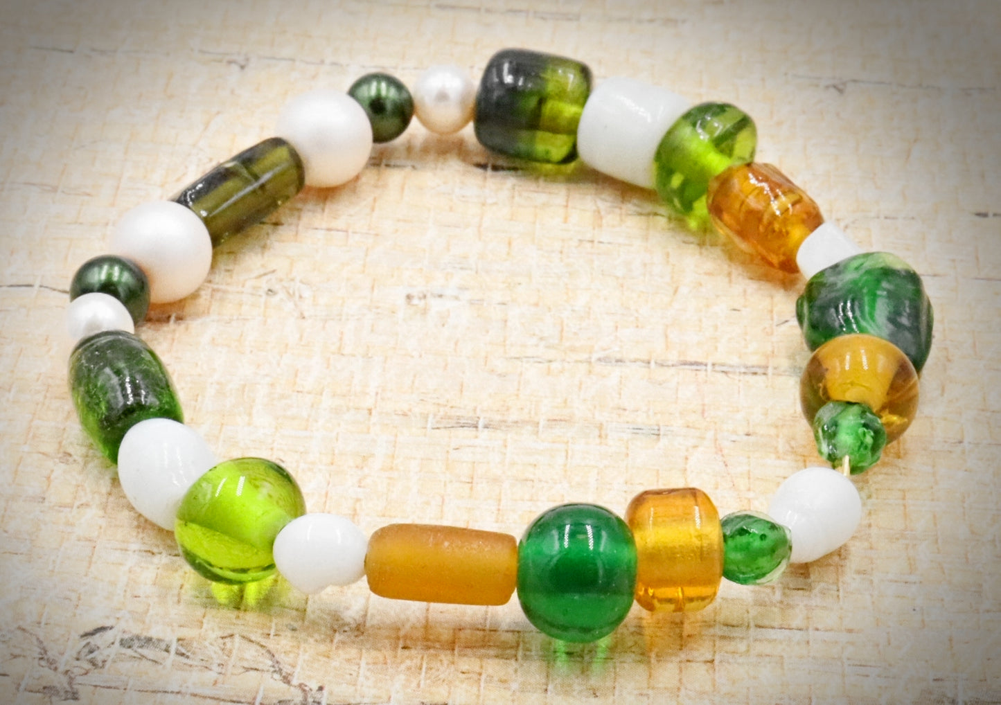 Green and White Bold and Large Sorted Artisan Glass Beads of Bracelet by Monkeys Mojo