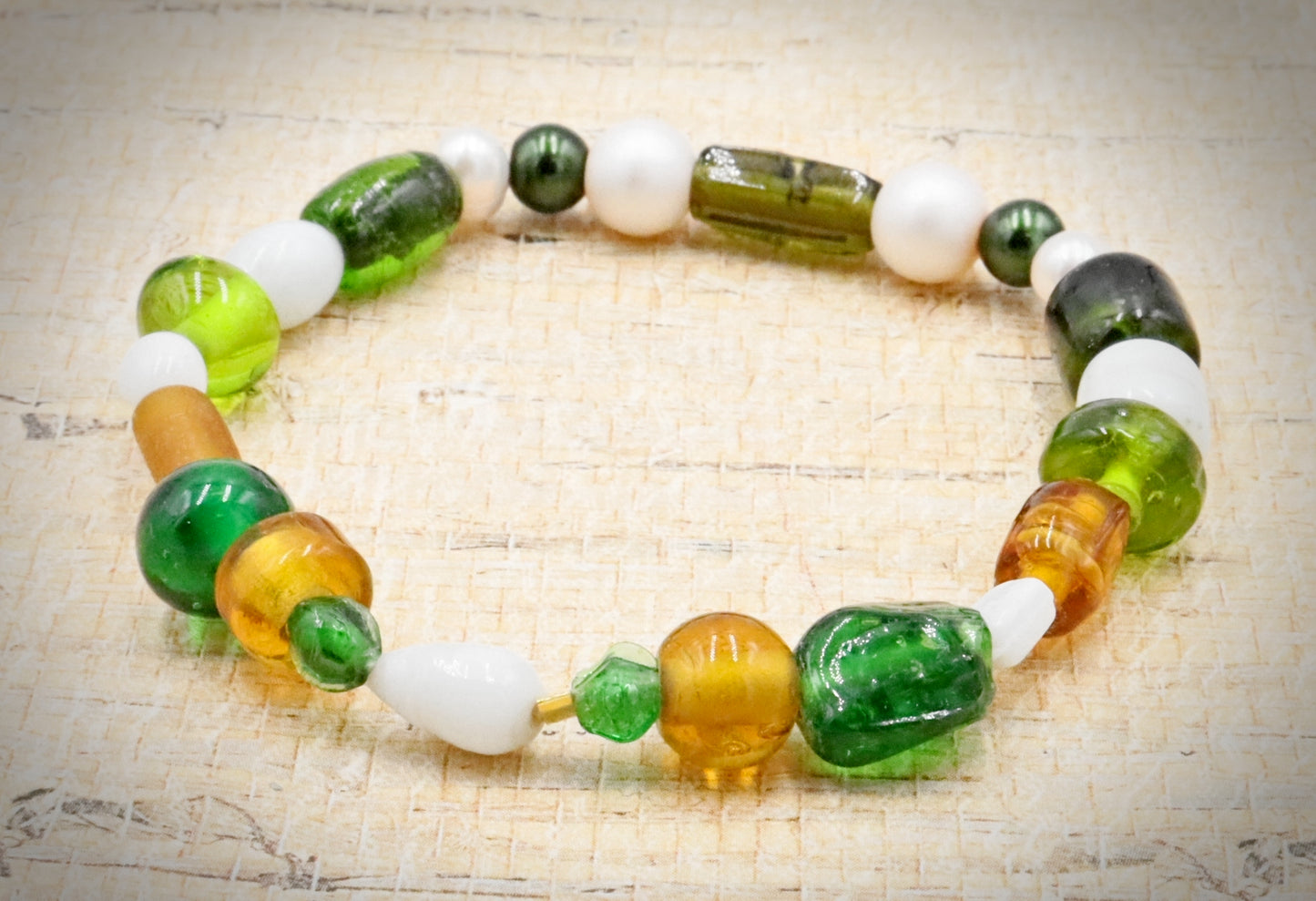 Green and White Bold and Large Sorted Artisan Glass Beads of Bracelet by Monkeys Mojo