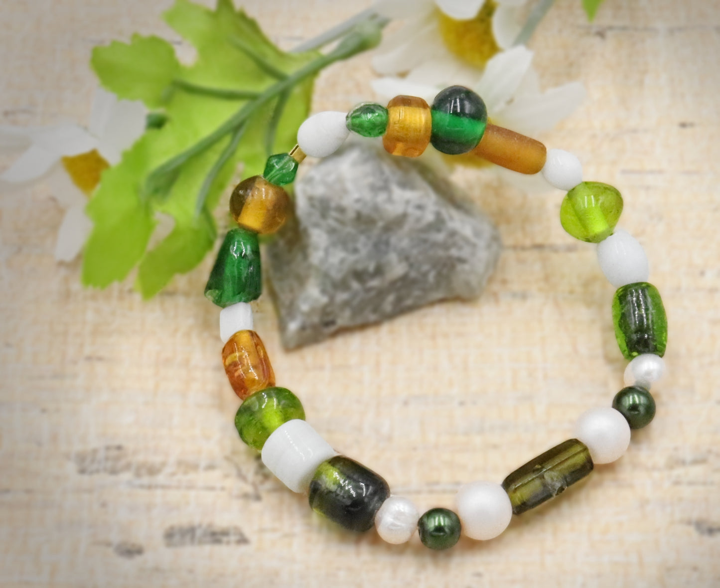Green and White Bold and Large Sorted Artisan Glass Beads of Bracelet by Monkeys Mojo