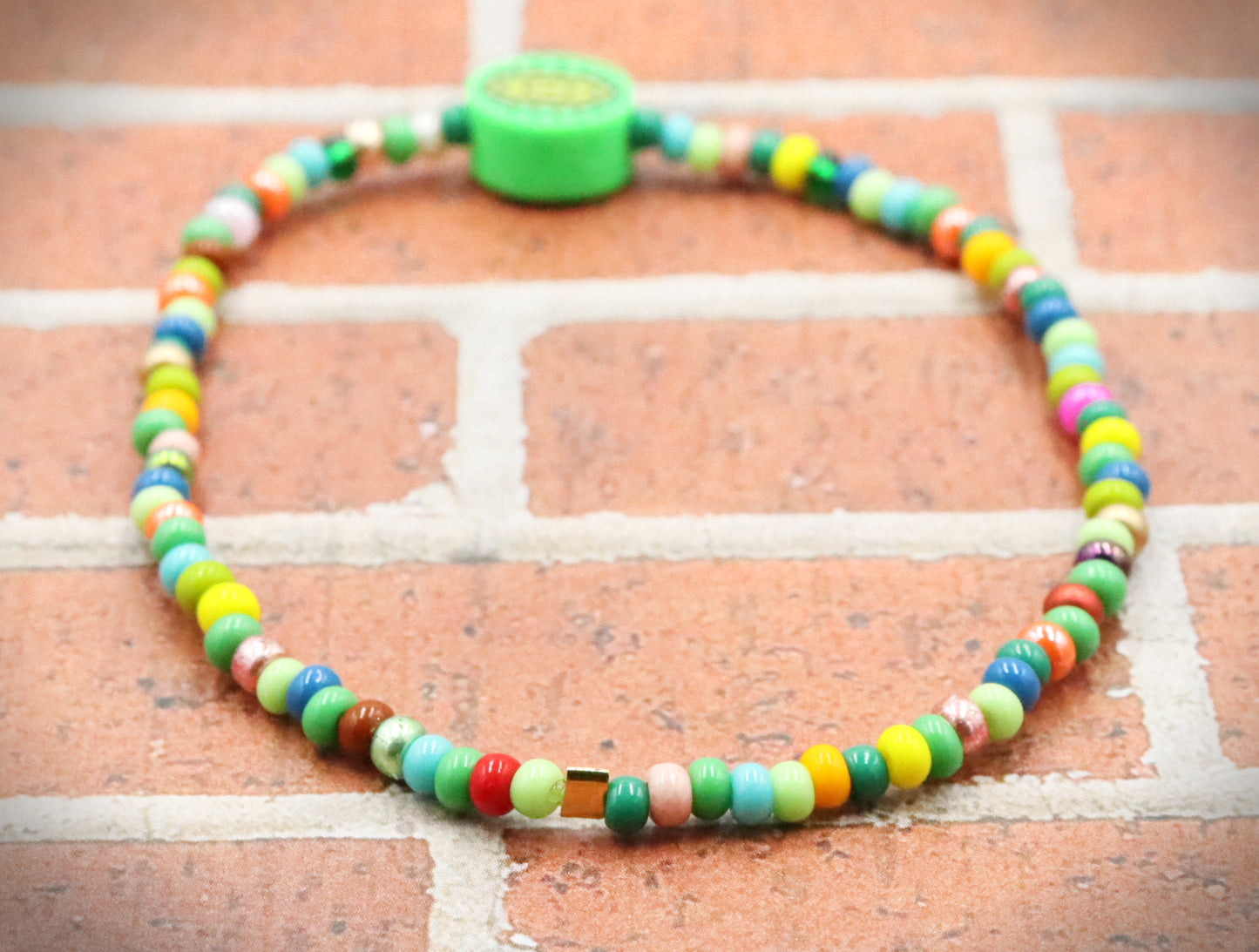 Green Eye of Envy Evil Eye Charm Colorful Seed Bead Stretch Bracelet by Monkey's Mojo