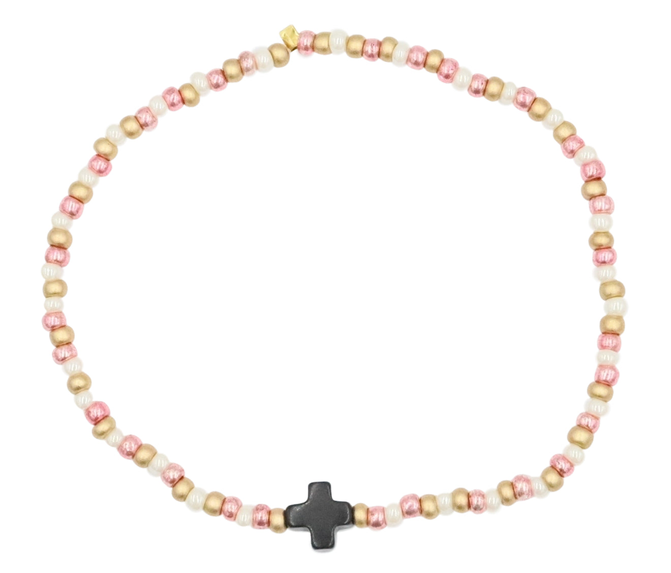 Neapolitan Cross Pearlescent White, Pink, and Matte Gold Glass Beads Bracelet by Monkey's Mojo
