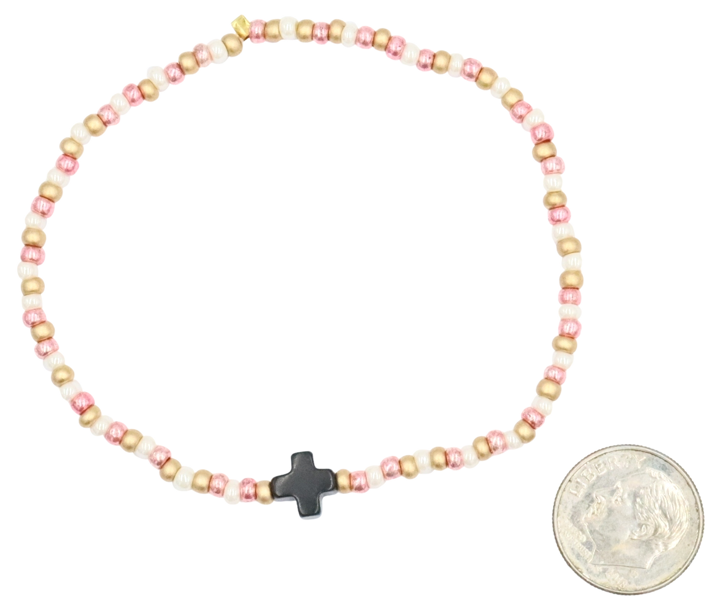 Neapolitan Cross Pearlescent White, Pink, and Matte Gold Glass Beads Bracelet by Monkey's Mojo