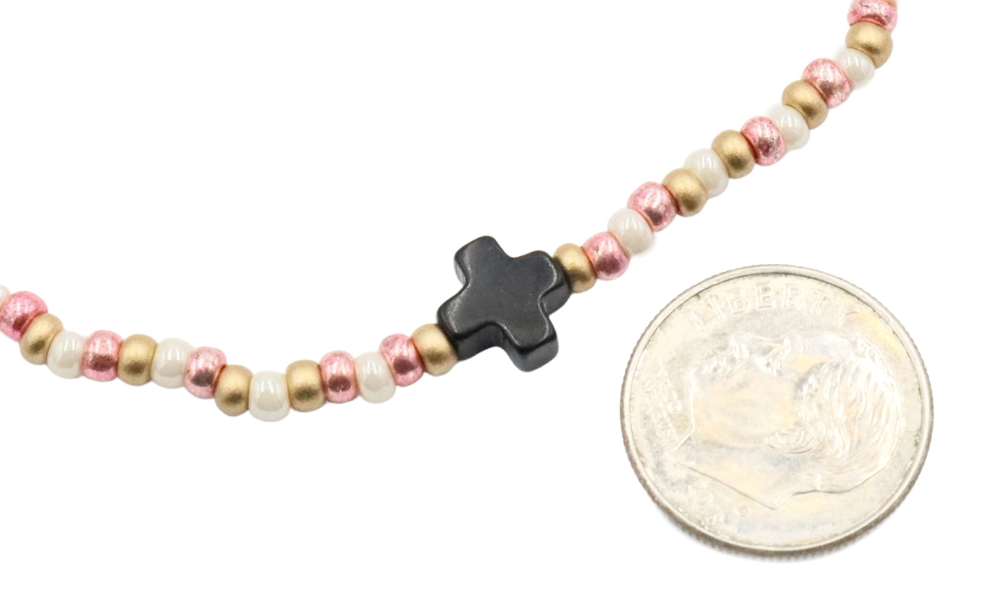 Neapolitan Cross Pearlescent White, Pink, and Matte Gold Glass Beads Bracelet by Monkey's Mojo