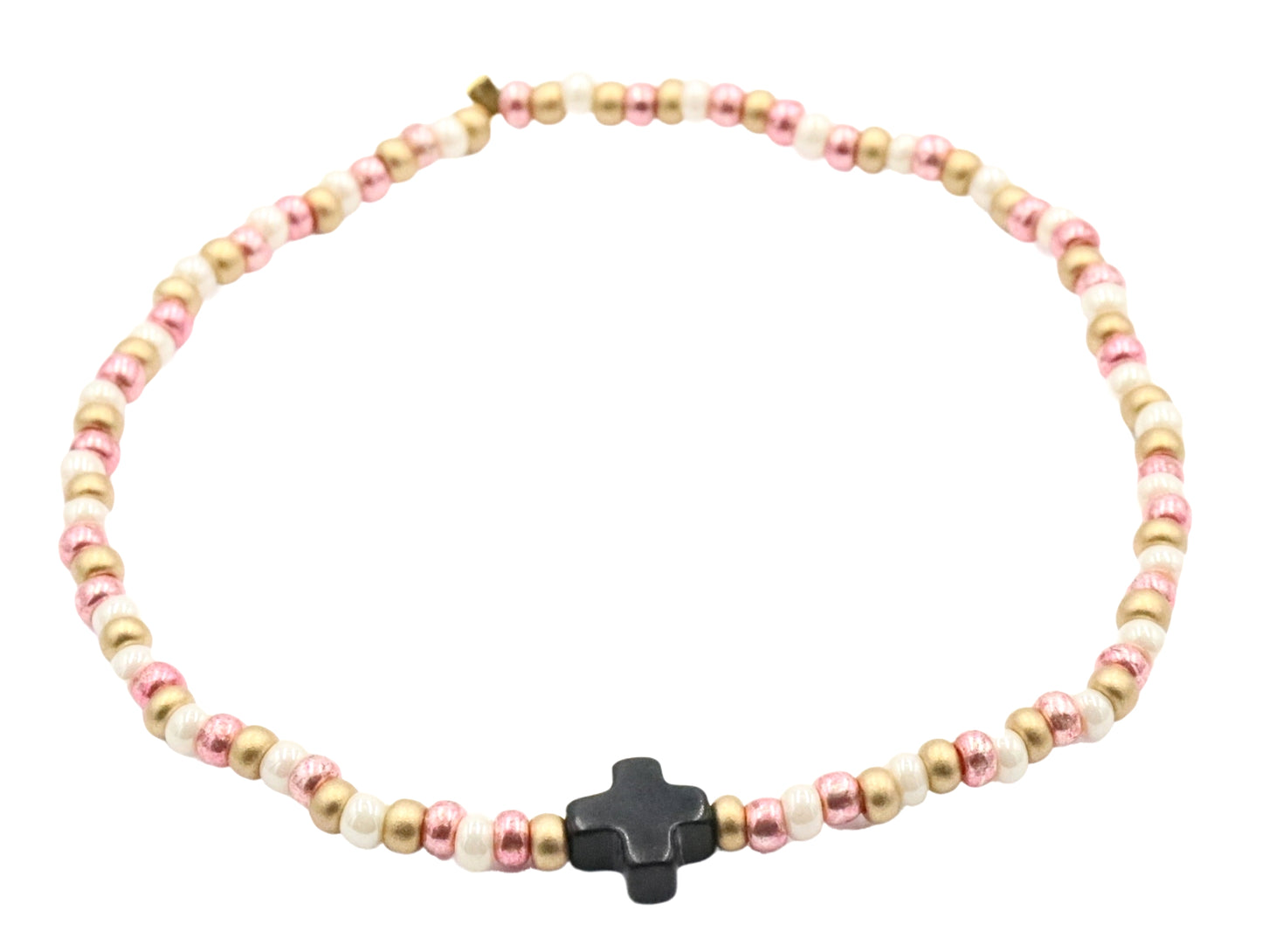 Neapolitan Cross Pearlescent White, Pink, and Matte Gold Glass Beads Bracelet by Monkey's Mojo
