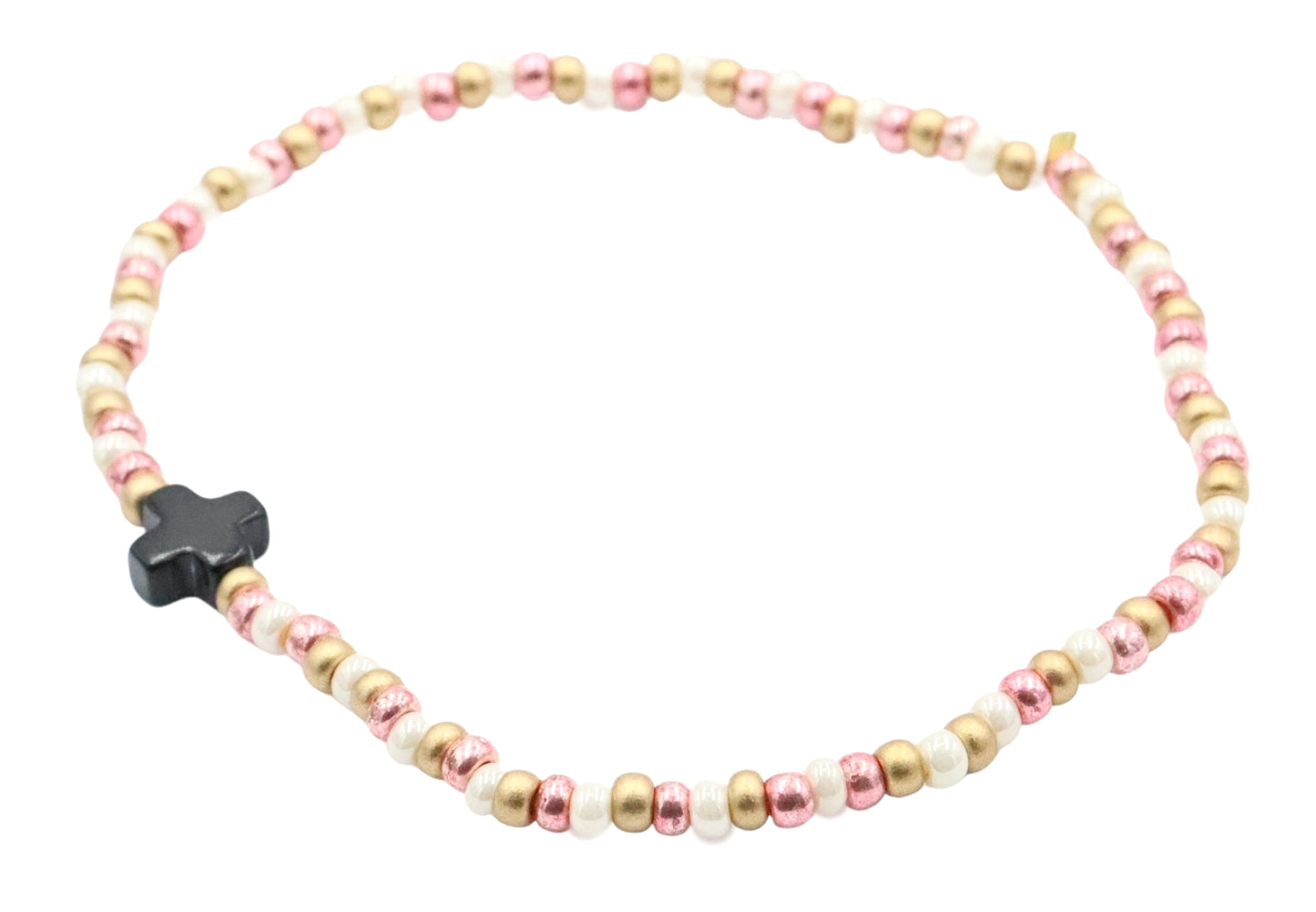 Neapolitan Cross Pearlescent White, Pink, and Matte Gold Glass Beads Bracelet by Monkey's Mojo