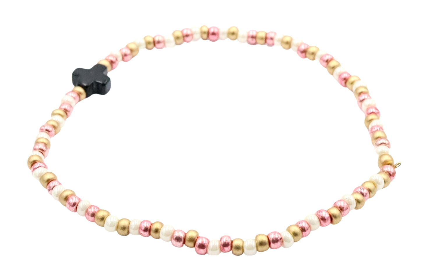 Neapolitan Cross Pearlescent White, Pink, and Matte Gold Glass Beads Bracelet by Monkey's Mojo