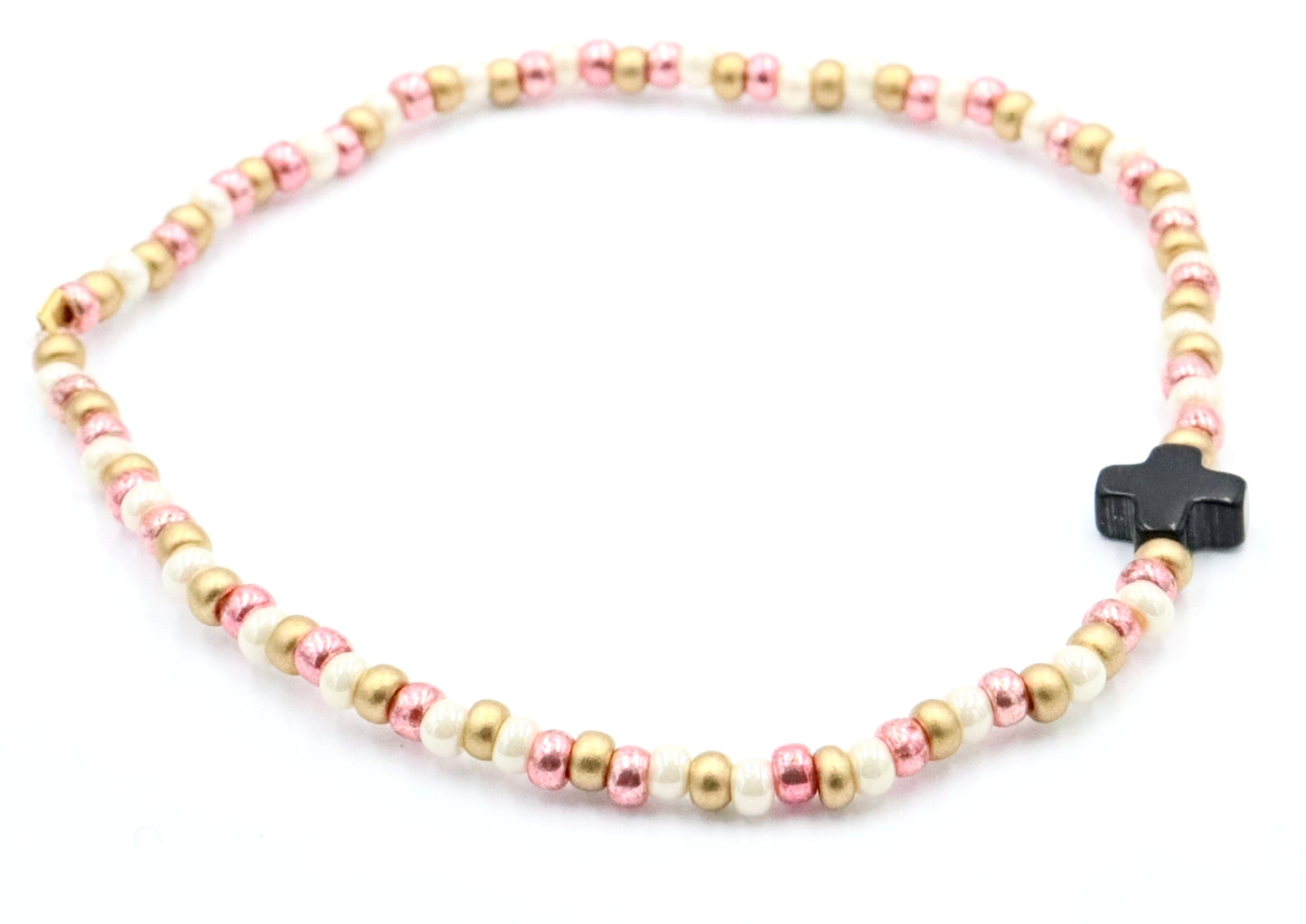 Neapolitan Cross Pearlescent White, Pink, and Matte Gold Glass Beads Bracelet by Monkey's Mojo