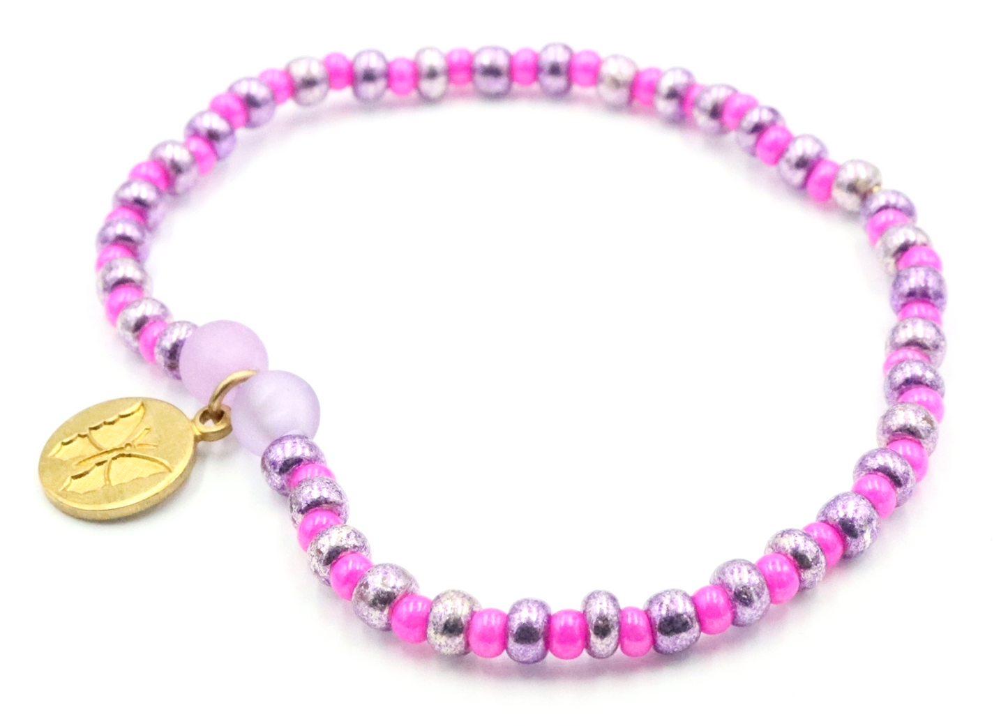 Butterfly Named Barbie Golden Tone Butterfly Charm with Purple and Pink Glass Beads Bracelet by Monkey's Mojo