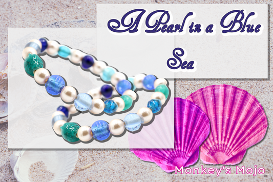 A Pearl in a Blue Sea - On by Pearl and Two by Sea Glass Women's Stretch Bracelet by Monkey's Mojo