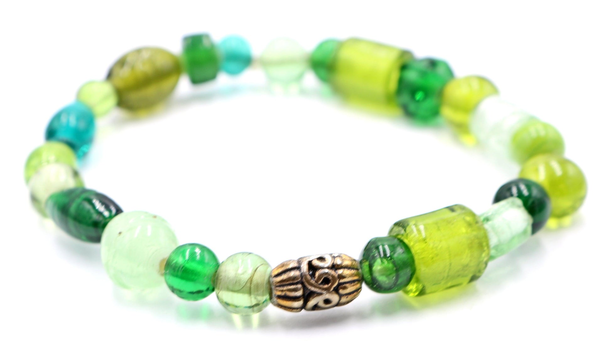 An Artisan Assorted Green Glass Gorgeous Beaded Bronze Bracelet - Monkeysmojo