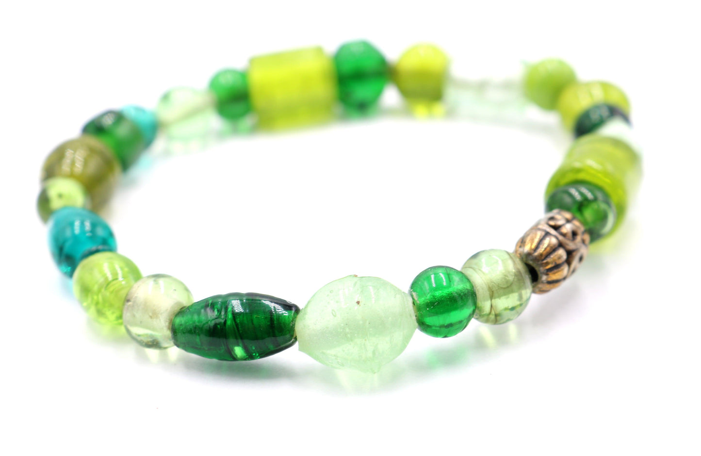 An Artisan Assorted Green Glass Gorgeous Beaded Bronze Bracelet - Monkeysmojo