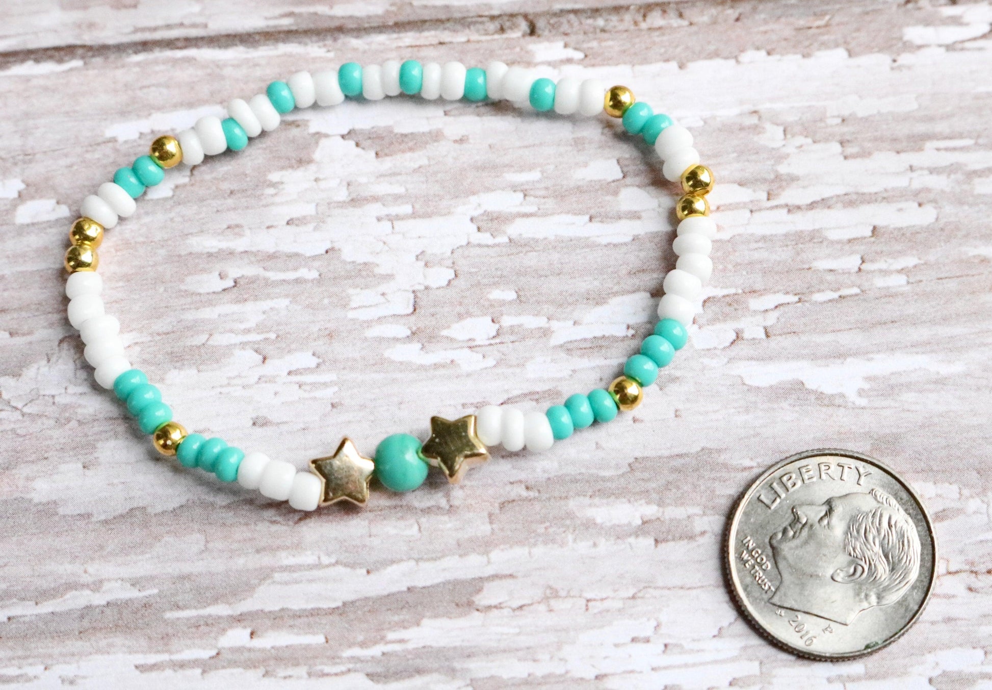 Tween Dream Turquoise Blue, White, and Yellow Gold Star Girl's Stretch Bracelet - Monkeysmojo
