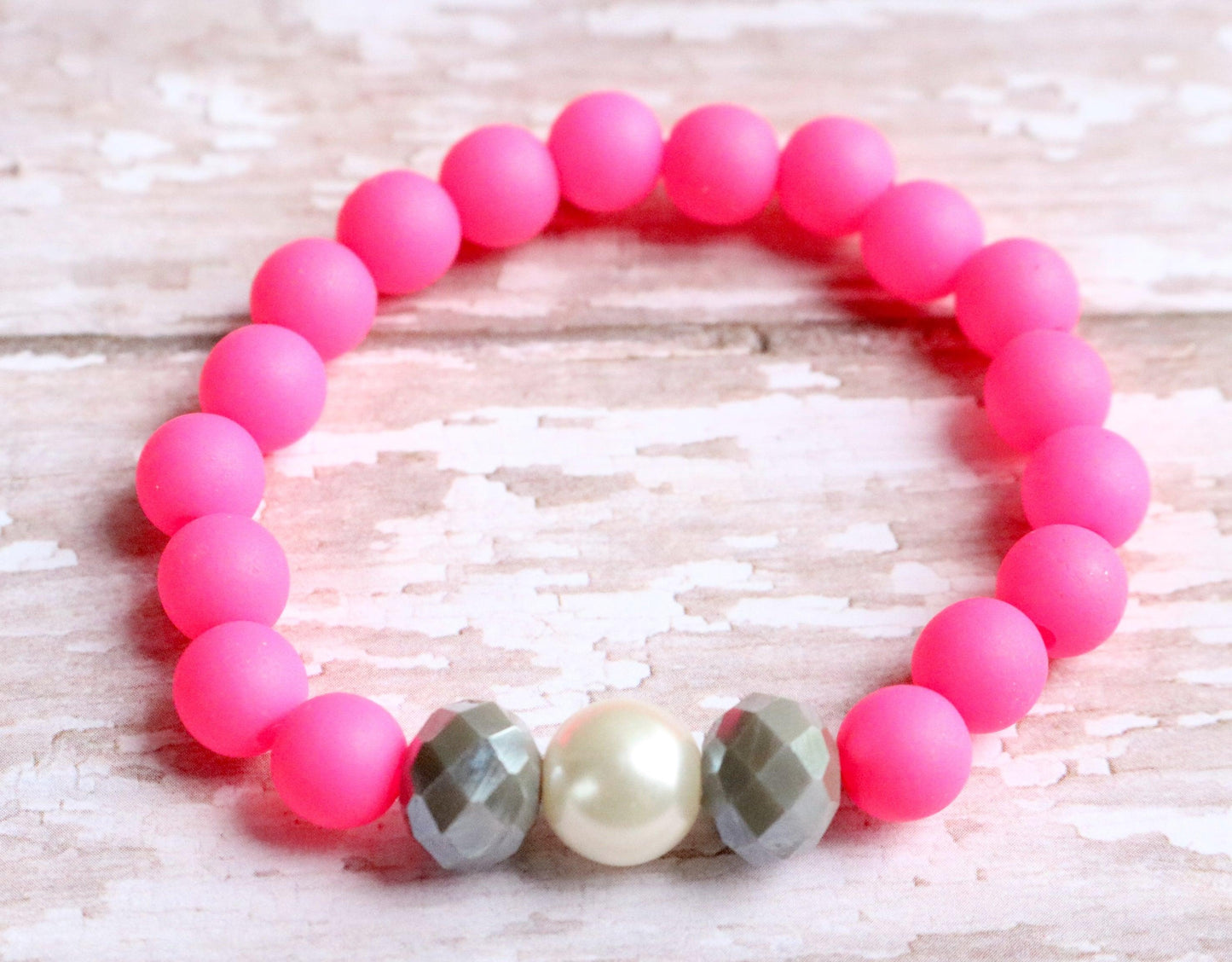 Hot Pink - Faceted Grey - White Glass Pearl - Dance Party Girl's Child Fun Stretch Bracelet - Monkeysmojo