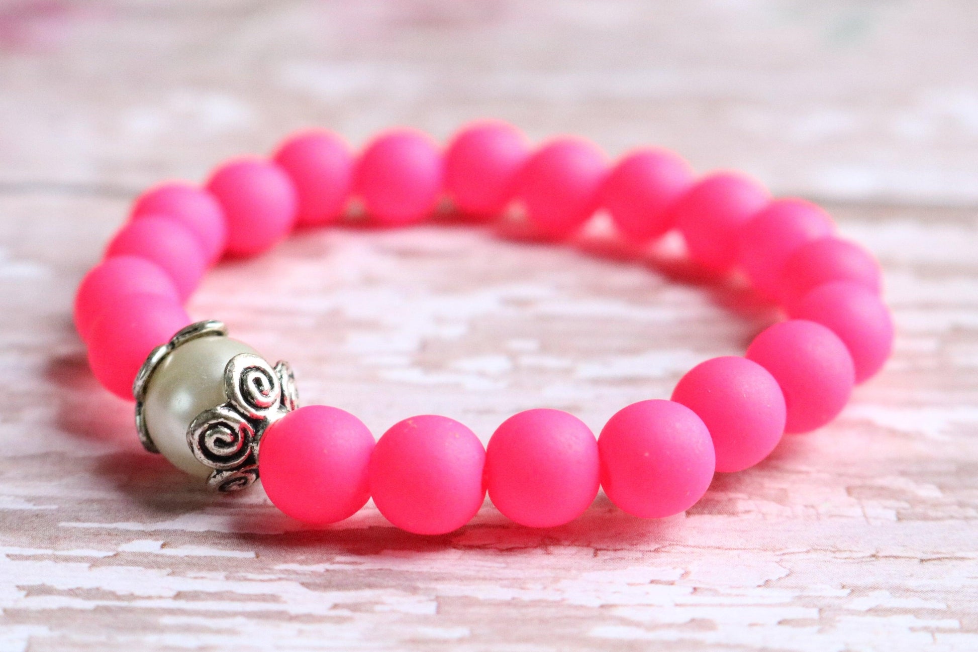 Electric Pink and Bright White Glass Pearl - Be Fancy in Bright Hot Pink Girl's Child Stretch Bracelet - Monkeysmojo