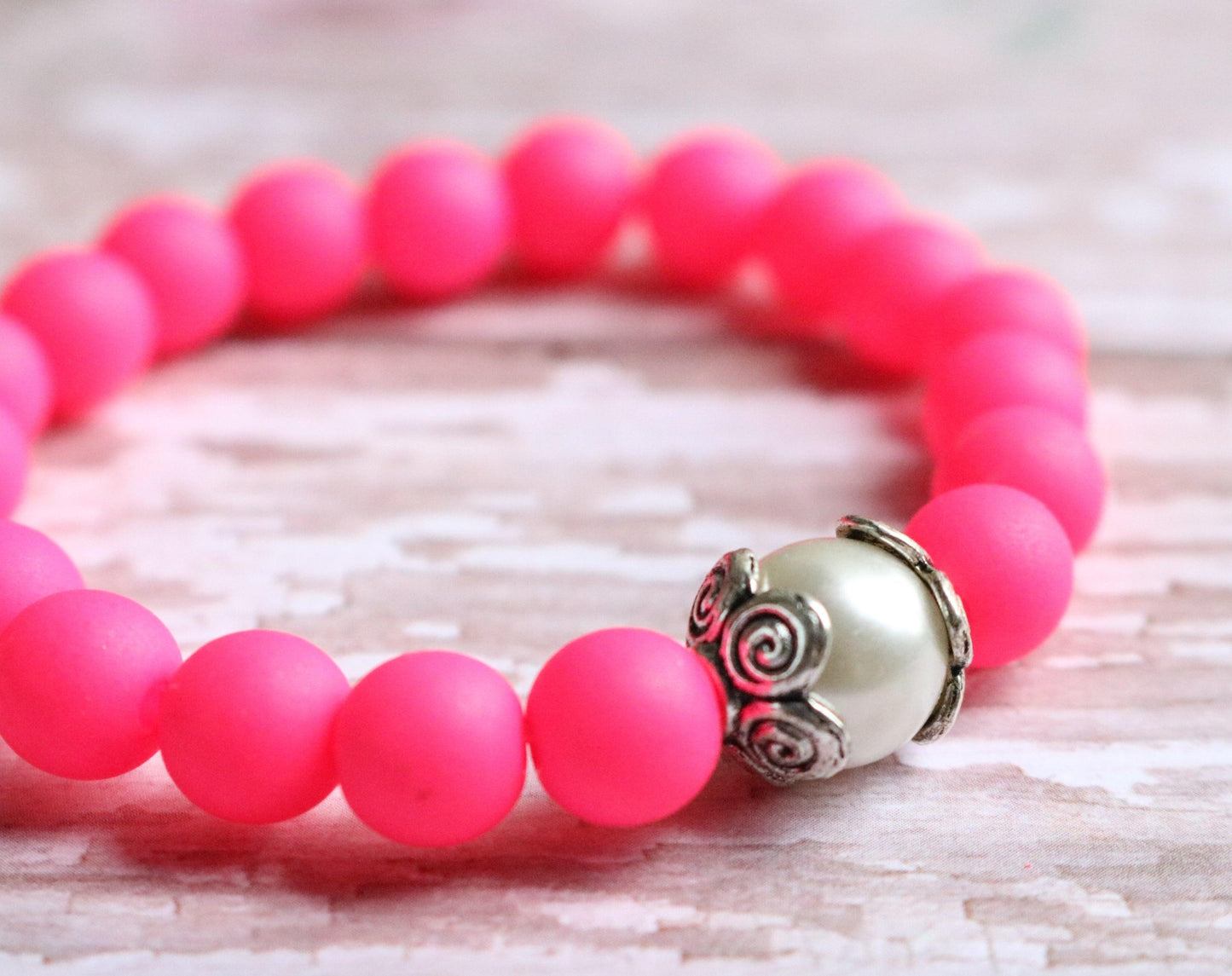 Electric Pink and Bright White Glass Pearl - Be Fancy in Bright Hot Pink Girl's Child Stretch Bracelet - Monkeysmojo