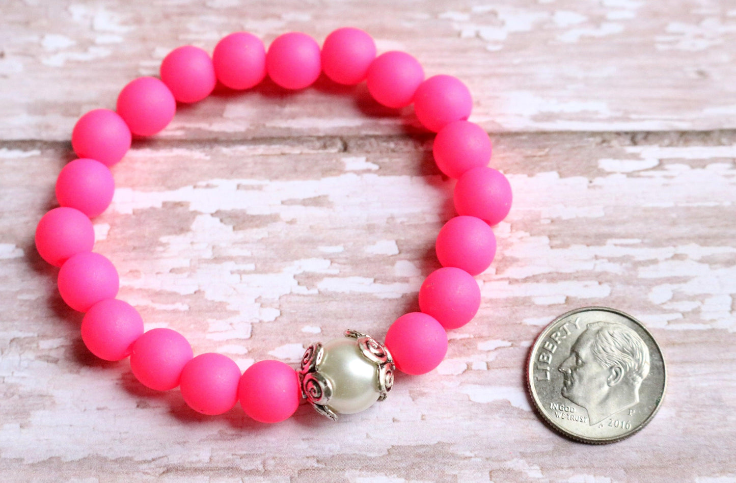 Electric Pink and Bright White Glass Pearl - Be Fancy in Bright Hot Pink Girl's Child Stretch Bracelet - Monkeysmojo