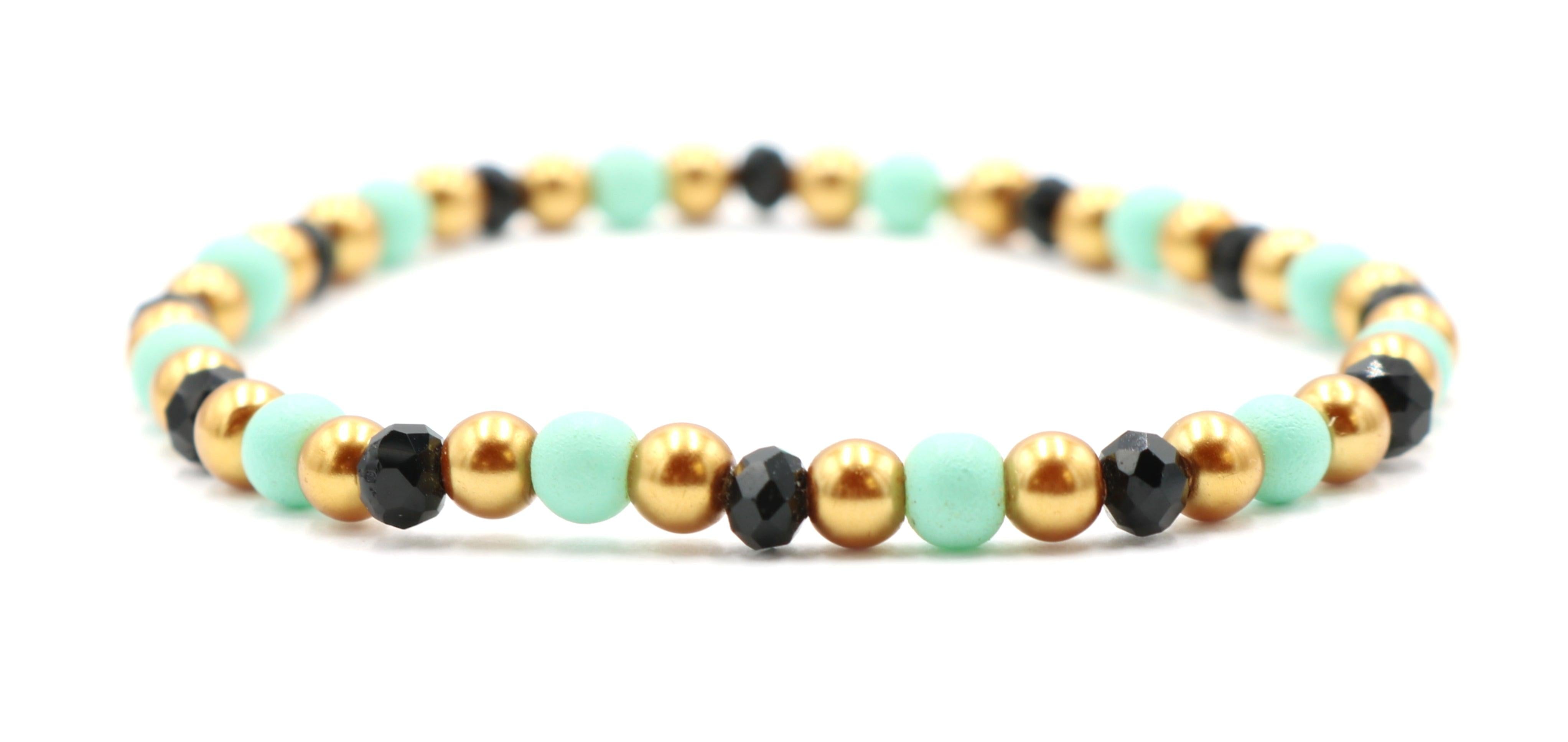 Egyptian June Bug - Turquoise, Black and Yellow Gold Tone Glass Bracelet - Monkeysmojo