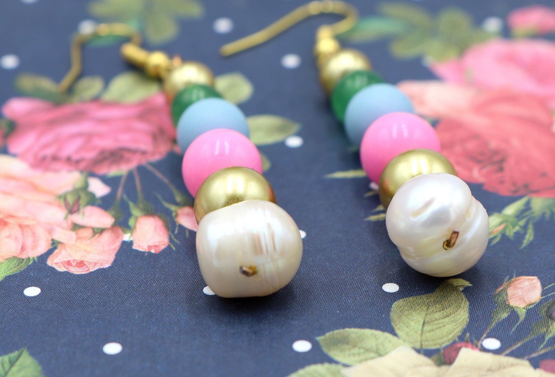 Sugar Spice and Gold Acrylic and Glass 1 3/4” Long Dangle Earrings Women’s Gift 2022 - Pink, Blue, Gold, Pearl, and Green - Free Shipping - Monkeysmojo