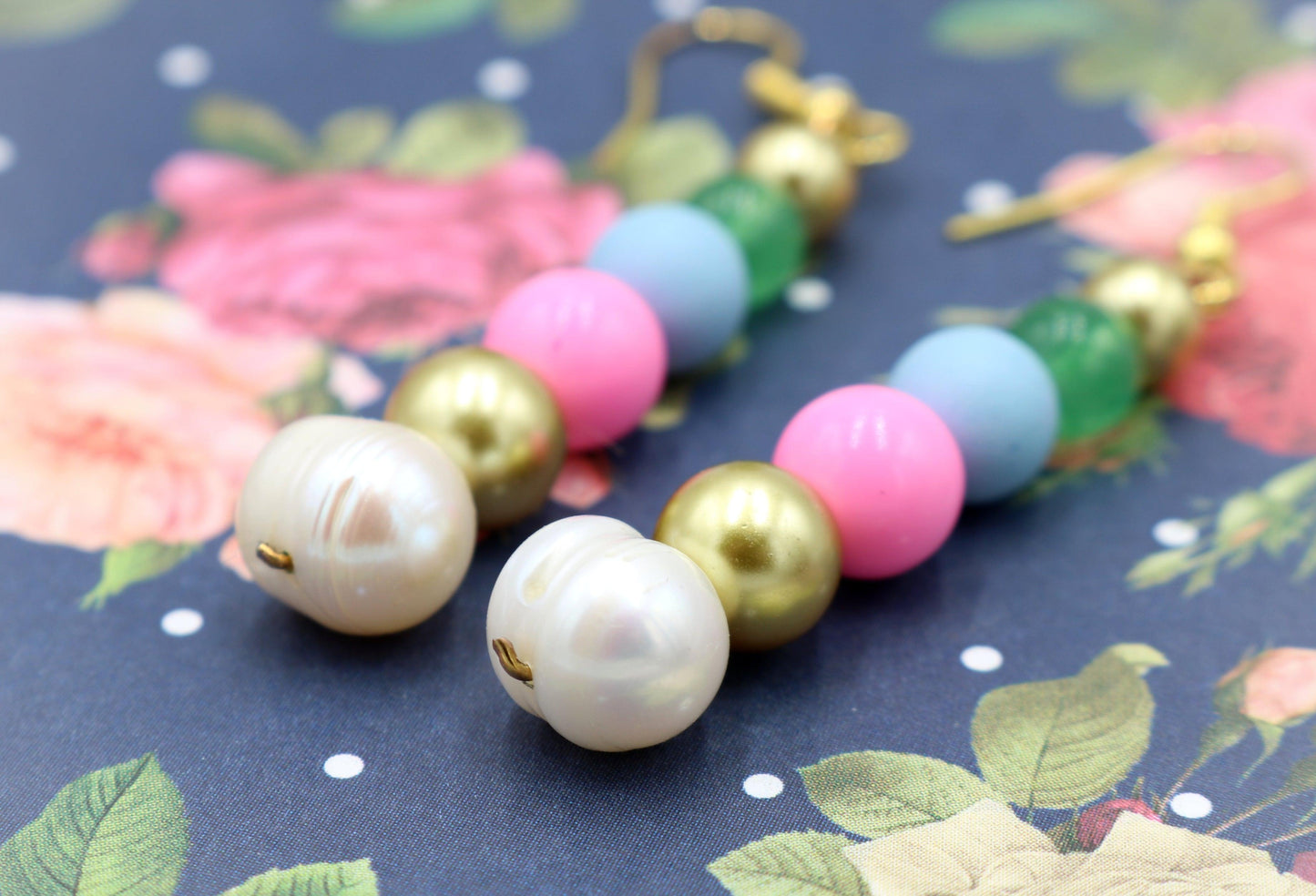 Sugar Spice and Gold Acrylic and Glass 1 3/4” Long Dangle Earrings Women’s Gift 2022 - Pink, Blue, Gold, Pearl, and Green - Free Shipping - Monkeysmojo