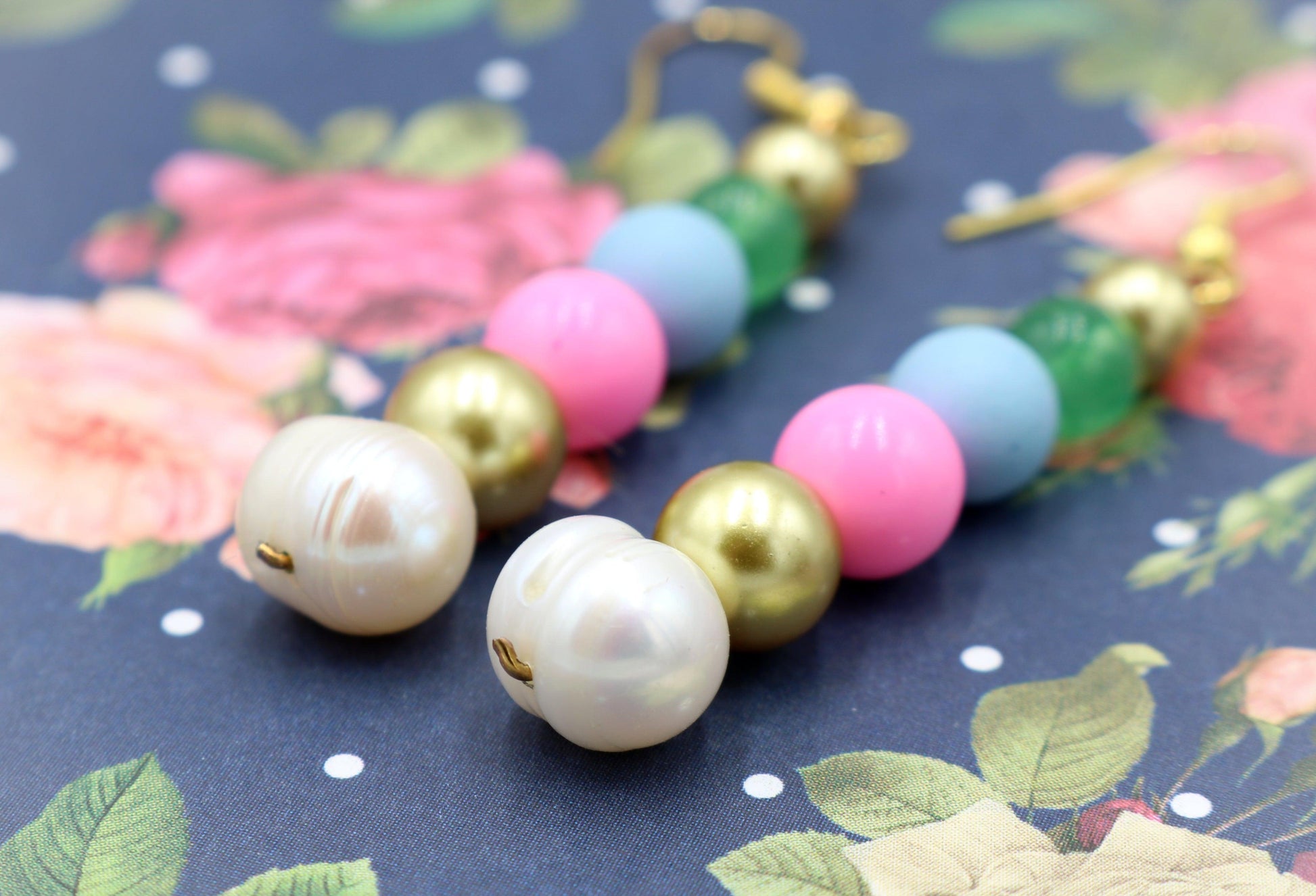 Sugar Spice and Gold Acrylic and Glass 1 3/4” Long Dangle Earrings Women’s Gift 2022 - Pink, Blue, Gold, Pearl, and Green - Free Shipping - Monkeysmojo