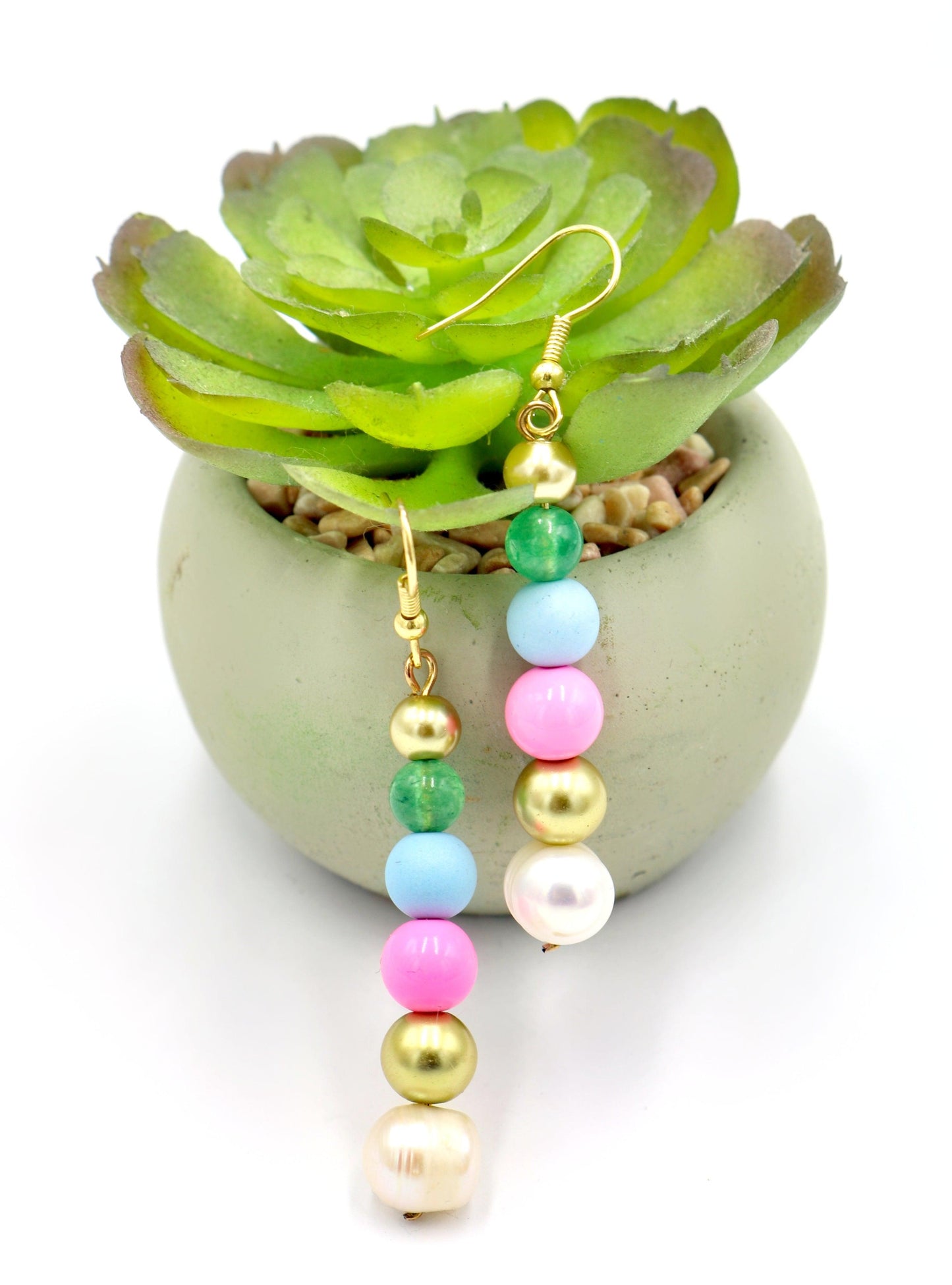 Sugar Spice and Gold Acrylic and Glass 1 3/4” Long Dangle Earrings Women’s Gift 2022 - Pink, Blue, Gold, Pearl, and Green - Free Shipping - Monkeysmojo