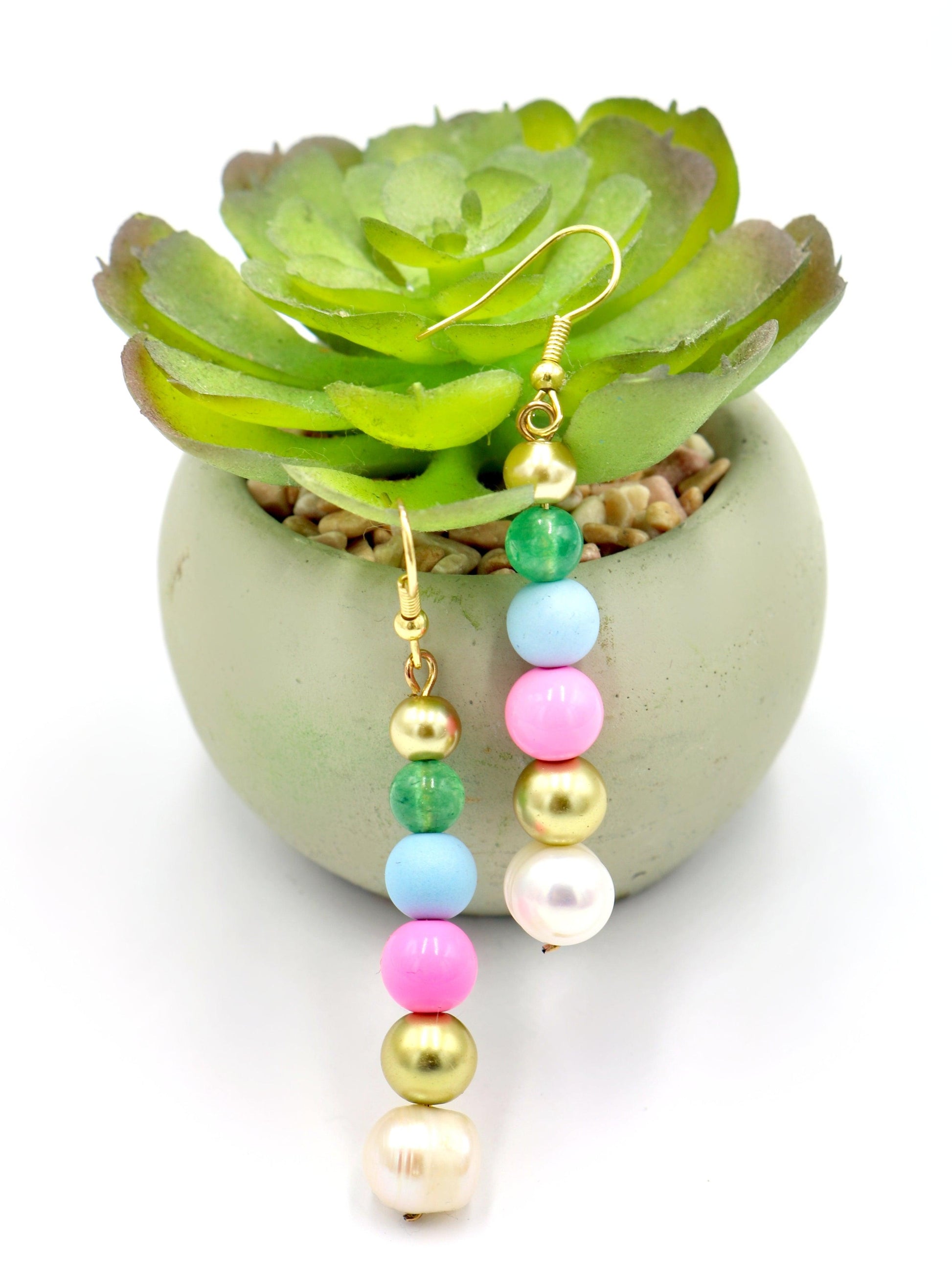 Sugar Spice and Gold Acrylic and Glass 1 3/4” Long Dangle Earrings Women’s Gift 2022 - Pink, Blue, Gold, Pearl, and Green - Free Shipping - Monkeysmojo