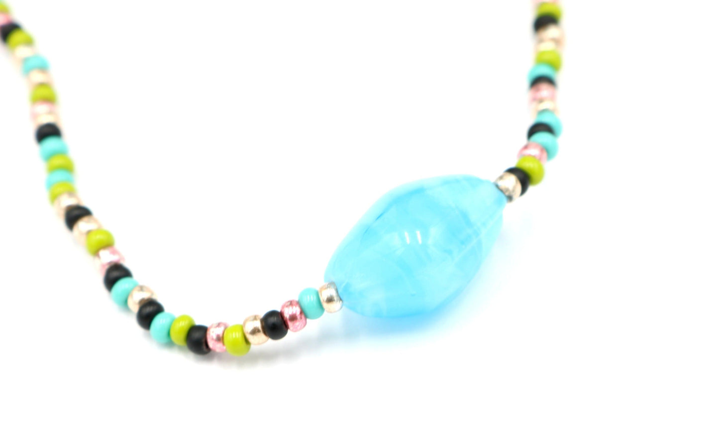 Sugar and Spice X Marks the Spot 40" Long Pink, Green, and Blue Long Glass Necklace - Monkeysmojo