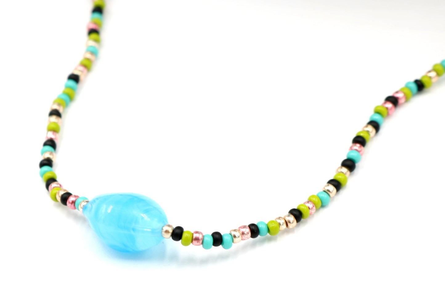 Sugar and Spice X Marks the Spot 40" Long Pink, Green, and Blue Long Glass Necklace - Monkeysmojo